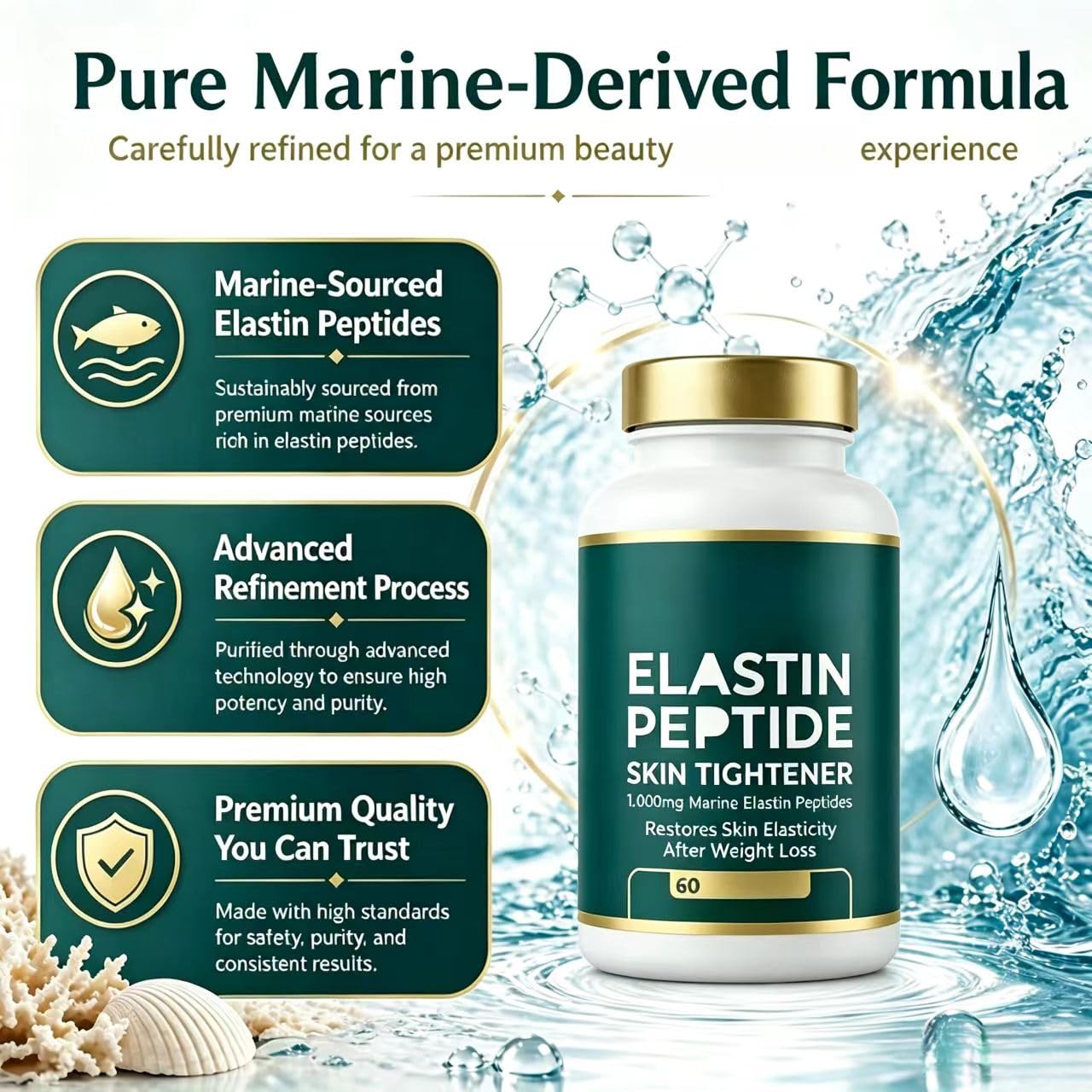 Peptidi di elastina, promuovono l'elasticità della pelle, nutrono, promuovono la lucentezza naturale, rassodano la pelle, idratano e idratano, adatti sia a uomini che a donne