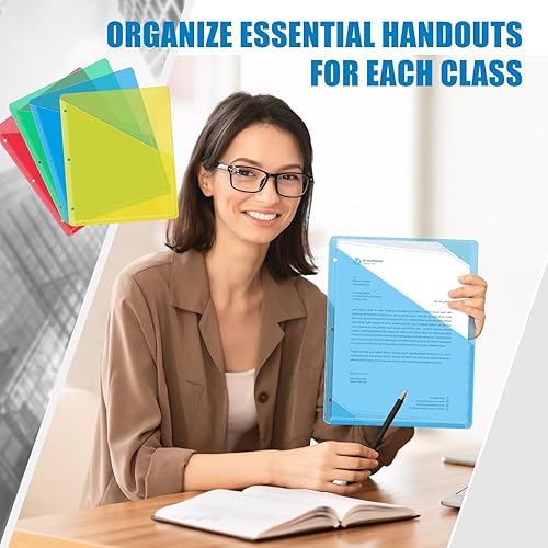 Miniatura 5 de Seajan 48 carpetas de 3 agujeros perforadas con 3 anillas, fundas de plástico transparente de polietileno translúcido, bolsillos organizadores para