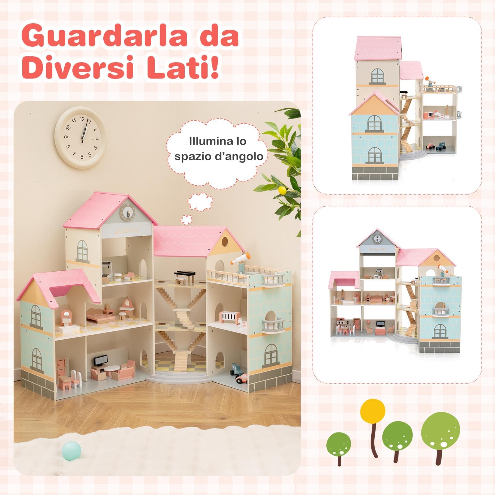 COSTWAY Casa delle Bambole in Legno, Casetta delle Bambole a 3 Piani con 41 Mobili e Accessori, Giocattolo per Bambini 3+ Anni,107 x 82,5 x 94,5 cm (Rosa)