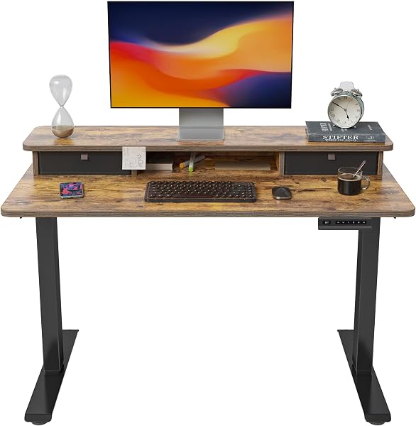 FEZIBO Height Adjustable Electric Standing Desk with Double Drawer, Home Office Stand Up Table with 4 Height-Adjustable