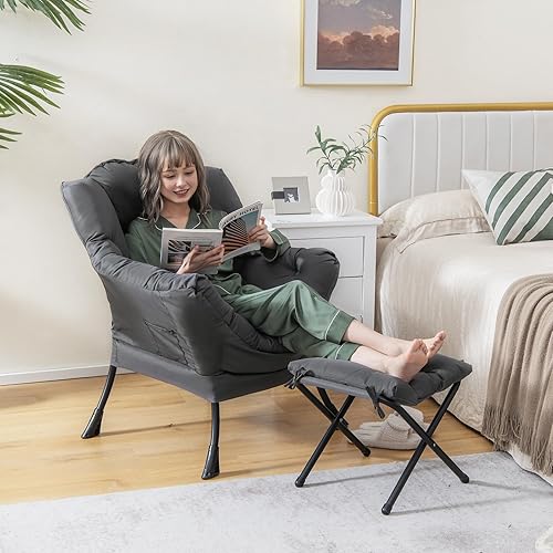 Miniatura 4 de Giantex Silla perezosa con otomana, sofá decorativo con reposapiés plegable, bolsillo de almacenamiento lateral, sillón tapizado de ocio con