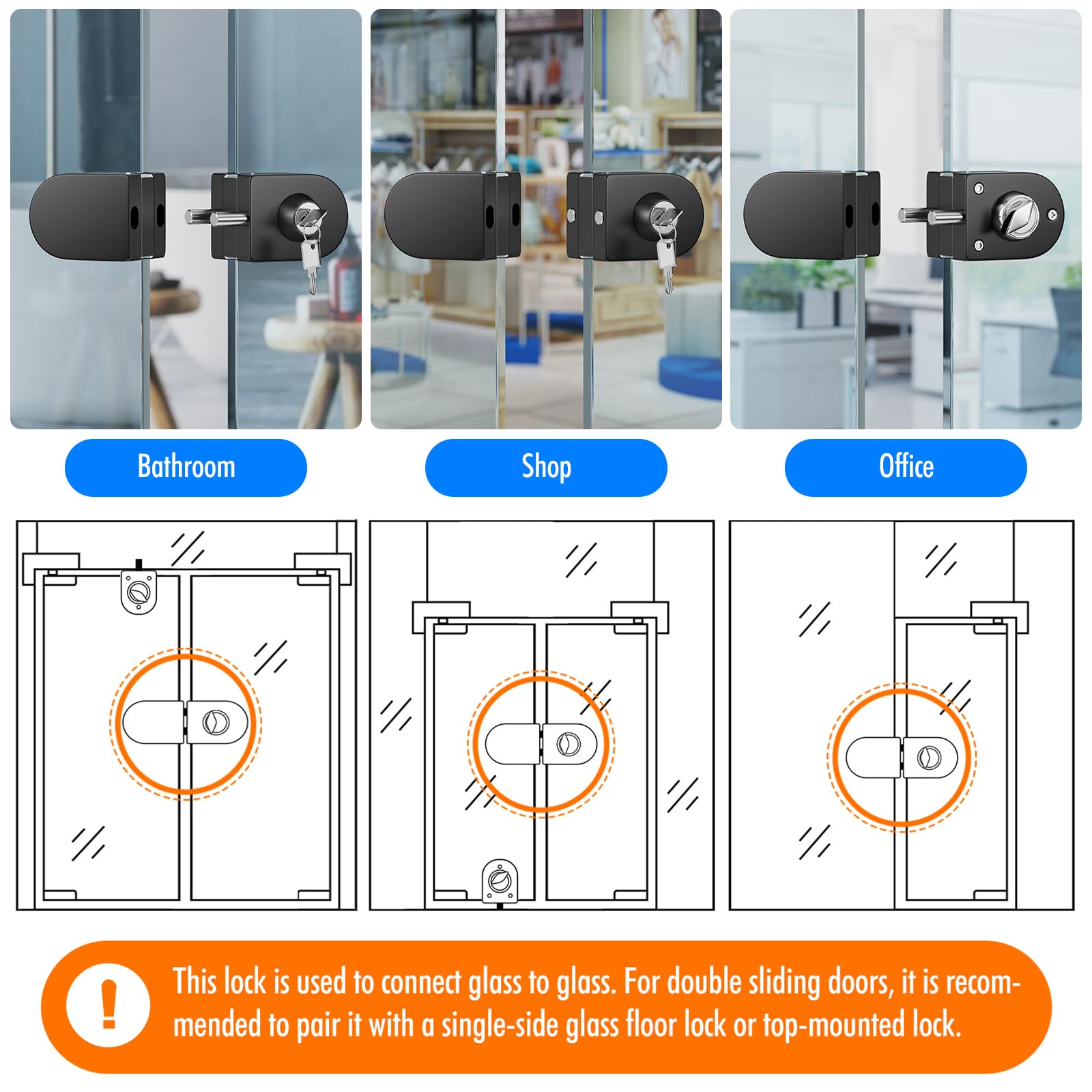 Ranbo cerraduras para puertas sin marco, cierre para puerta de cristal con llave, acabado negro mate, compatible con vidrio de 10~12 mm, instalación sin taladro, ideal para el hogar u oficina