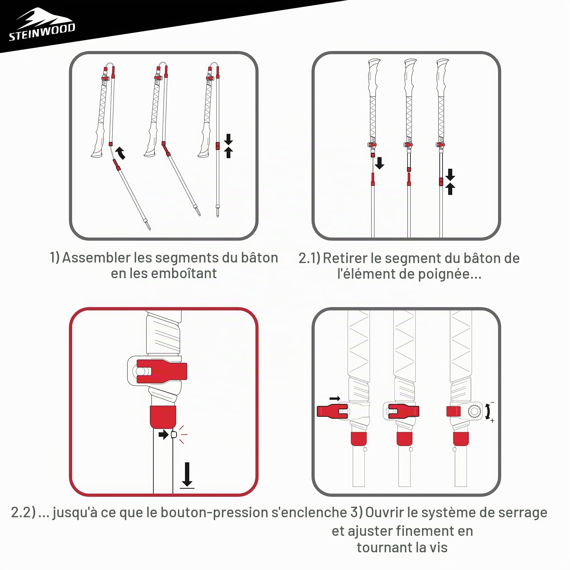 Steinwood - Bâtons de randonnée en carbone de haute qualité, extra légers, réglables avec télescope et fermeture à pince, avec caoutchouc supplémentaire et étui de transport