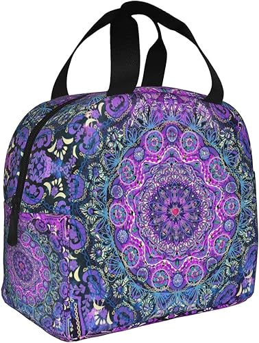 Miniatura 2 de Bolsa de almuerzo con aislamiento floral retro con mandala azul bohemio para mujeres y hombres, reutilizable, duradera, impermeable, bolsa térmica