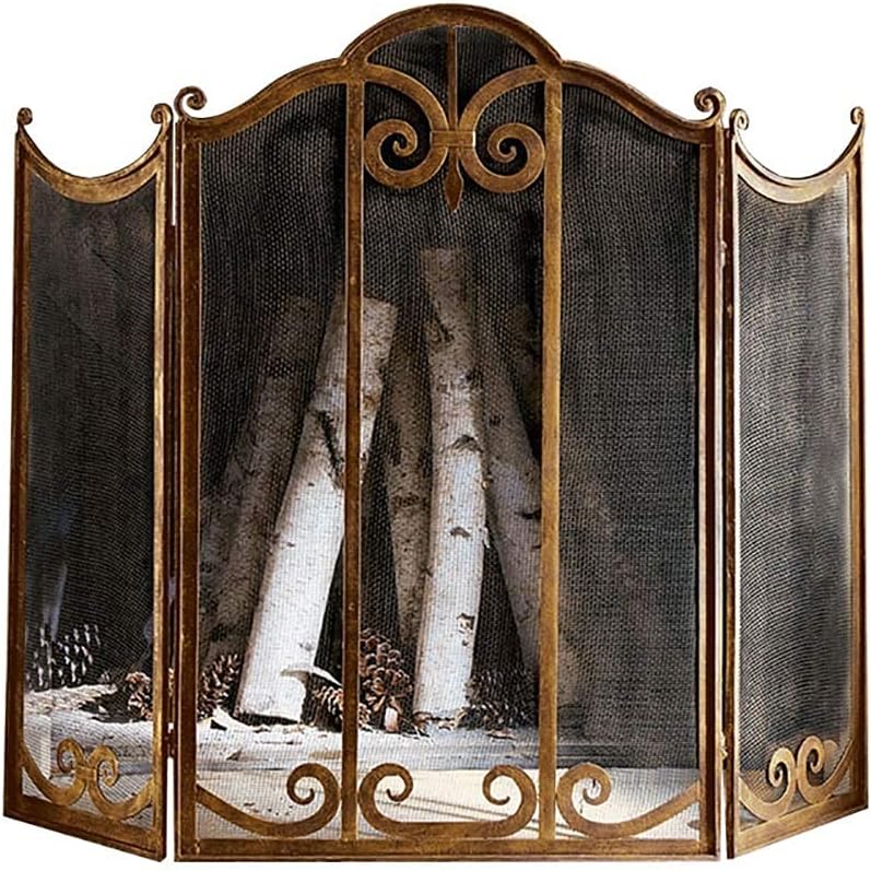Fireplace Screen Guard, FireplaceProtection Brass-Tone Metal Fireplace Screen， Free StandingGuard Freestanding Fireplace Mesh Screen Curtain， 3 Panel Ornate Wrought