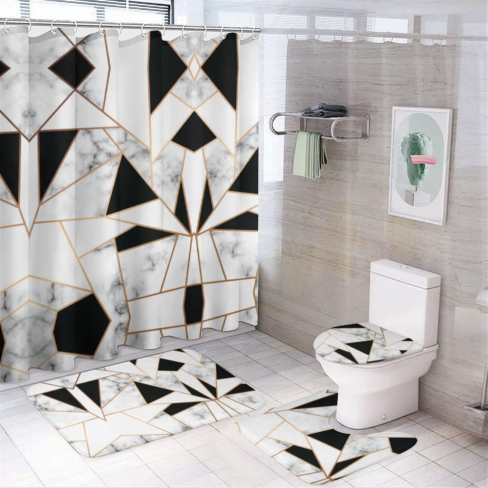 JZemdybill Bathroom Mat Set 4 Piece, Black Marble Texture Shower Curtain with Non-Slip Bath Mats for Bathroom