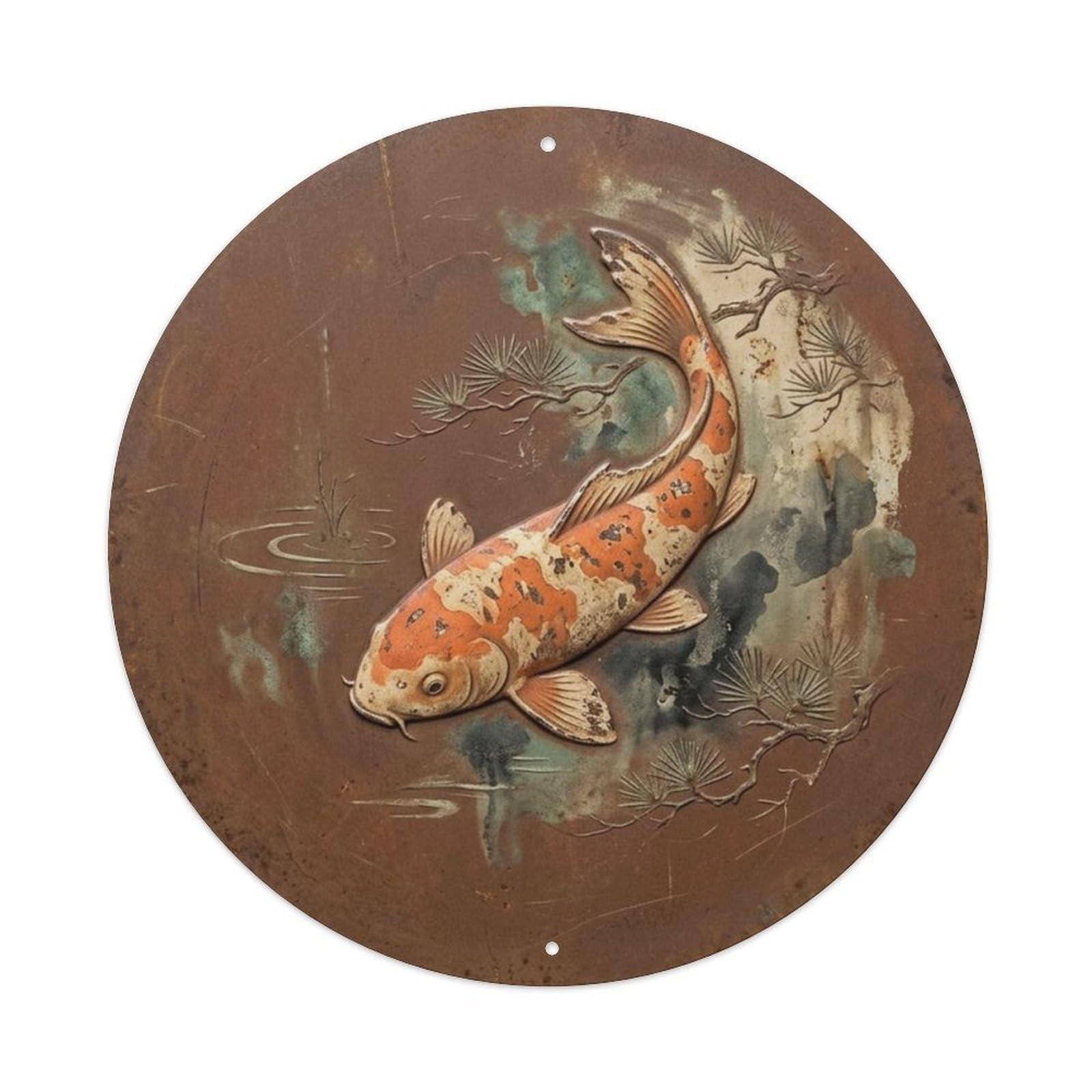 Fqcyn Style Koi Fish Rustic Wabi Sabi Entryway Metal Tin Sign Plaque Wall Decor For Cafe, Club Bar, Office, Home Garden Round Metal Poster 8X8inch