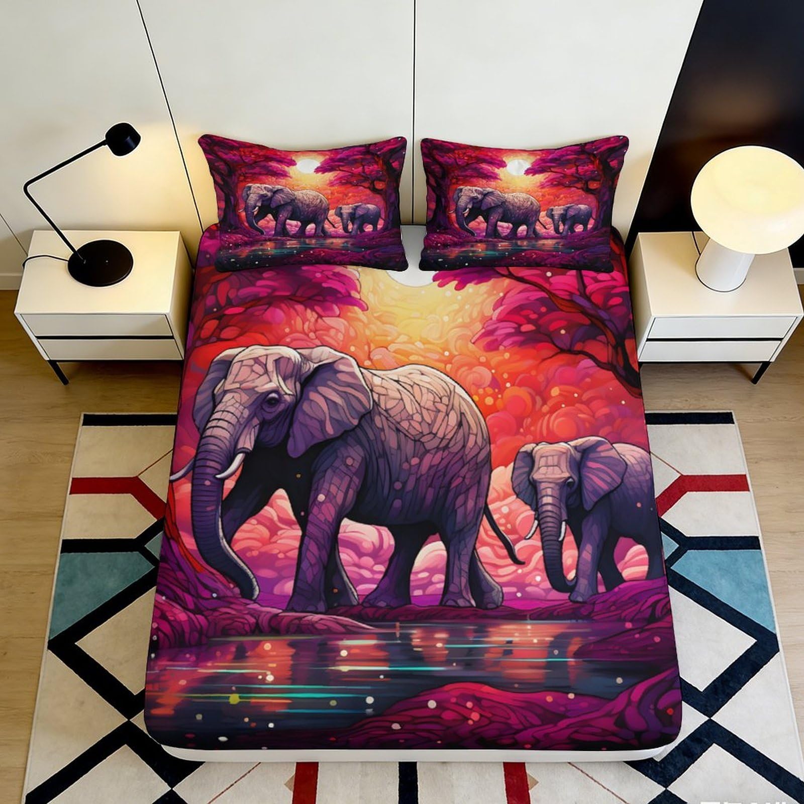 3D Printed Elephant Sunset Fitted Sheet Microfiber Soft Durable Purple Bed Cover for Bedroom Dormitory Guest Room Mattress Protection and Decoration 200x200x25cm