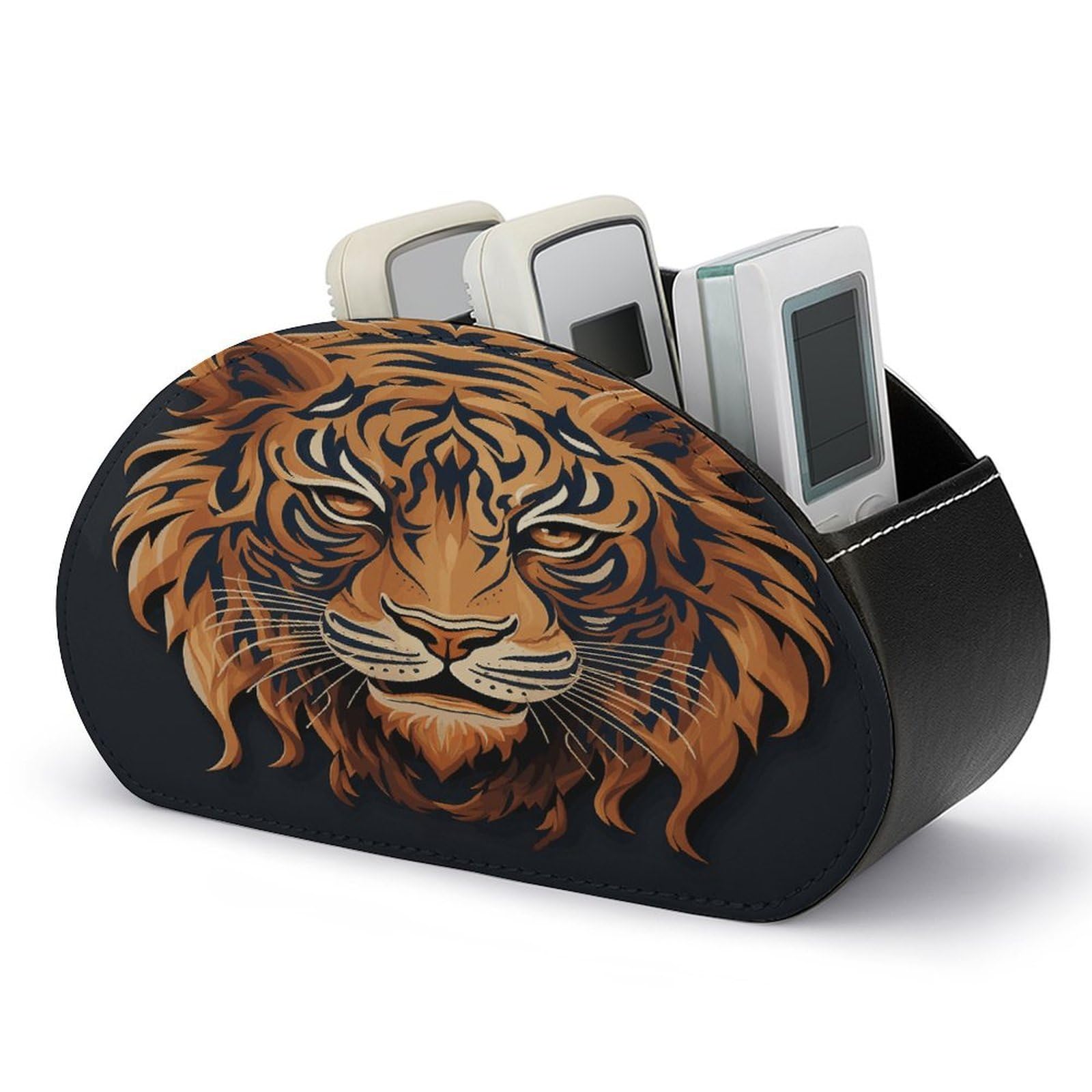 FekiLoot New Year Tiger Logo Design Remote Control Holder with 5 Compartments Multi-functional TV Remote Caddy Organizer Leather TV Remote Holder Desktop Organizer Store for Bedside Table Office Desk