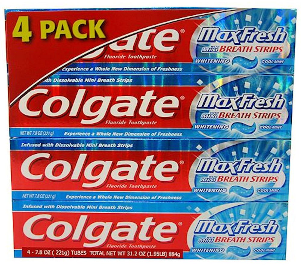 Colgate Max Fresh Gel Toothpaste, Fluoride, Cool Mint, with Mini Breath Strips, 7.8 Ounces (Pack of 4)