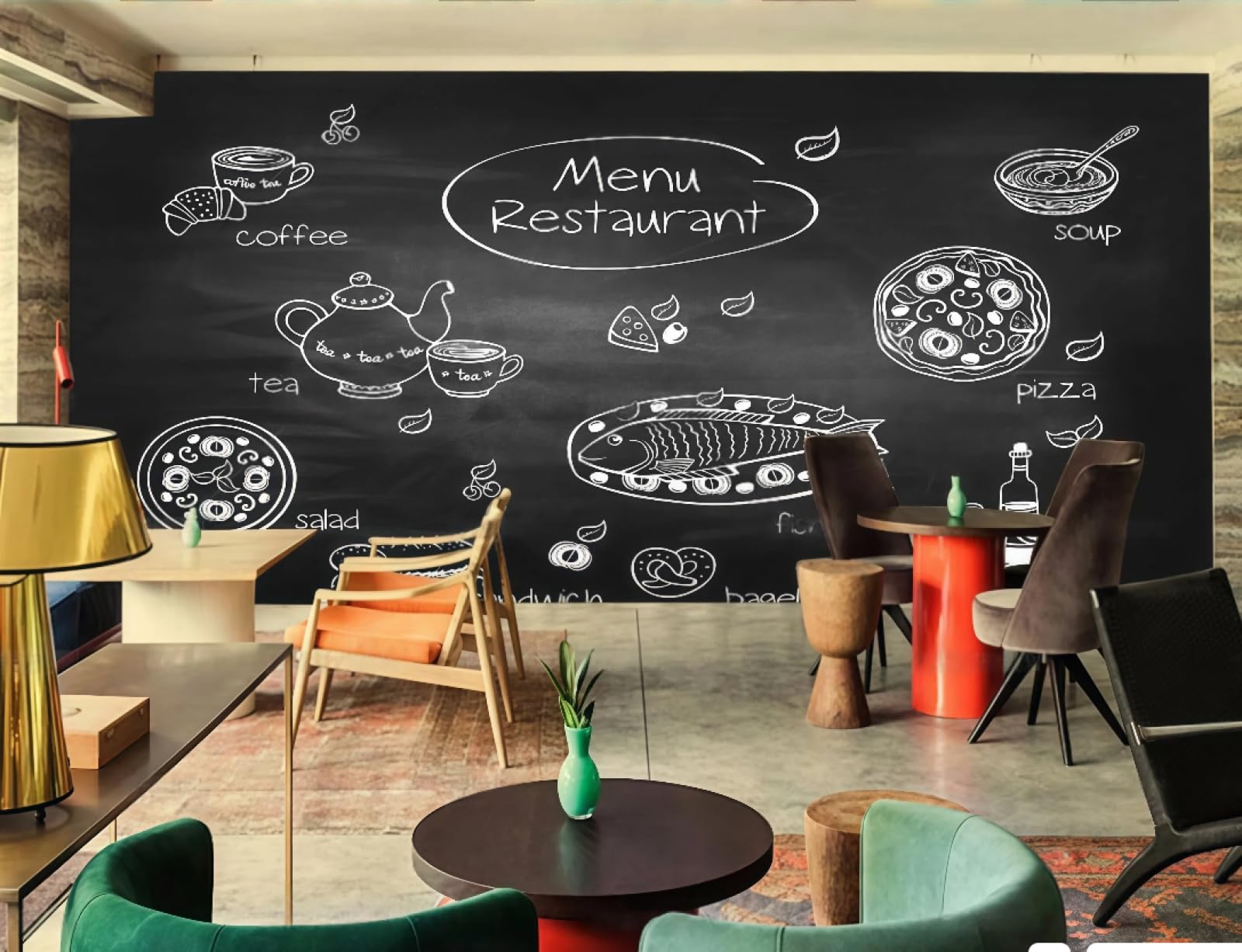XDOUBAO Wallpaper Retro Blackboard Hand-Painted Pizza Seafood Food Theme Dessert Shop Afternoon Tea Western Restaurant Background Wall Wallpaper Coffee Shop Mural,3D,150x105cm