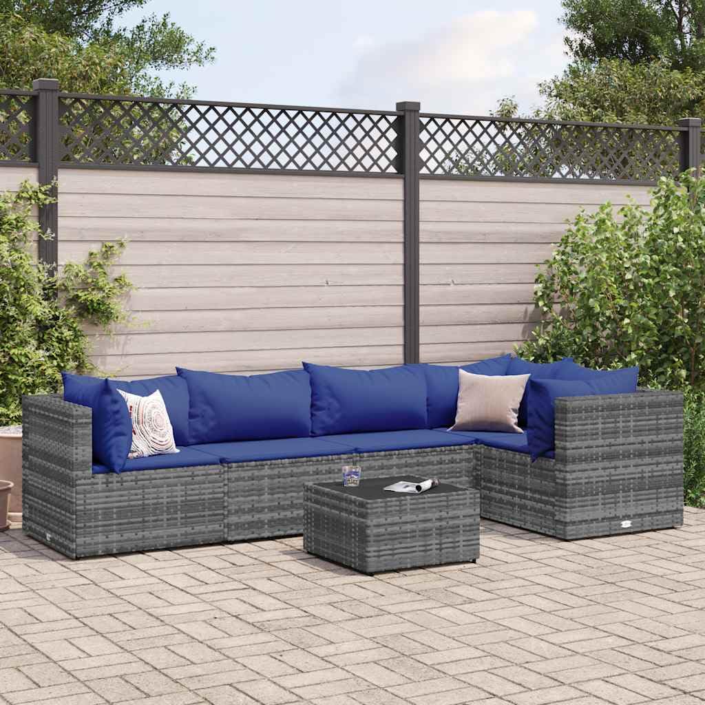 6-Piece Patio Lounge Set Grey PE Rattan with Powder-Coated Steel Frame and Tempered Glass Tabletop, Modular Outdoor Furniture for Relaxing and Entertaining, Durable
