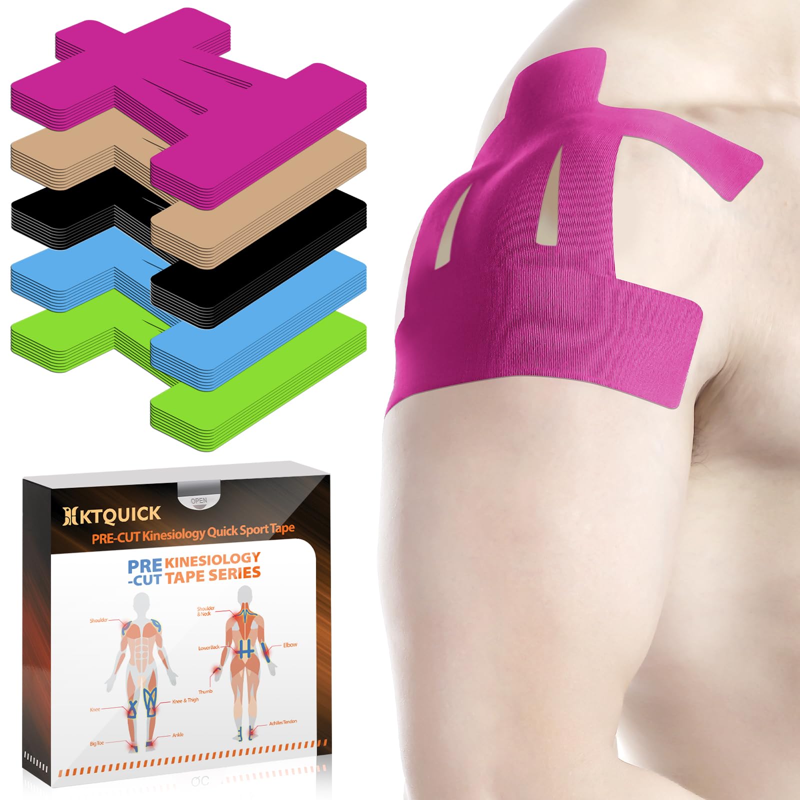 Kinesiology Tape for Shoulder Precut, 12 PCS Shoulder Tape for Pain Relief, KTQUICK Original Cotton Waterproof & Breathable, Enhance Elastic Sports
