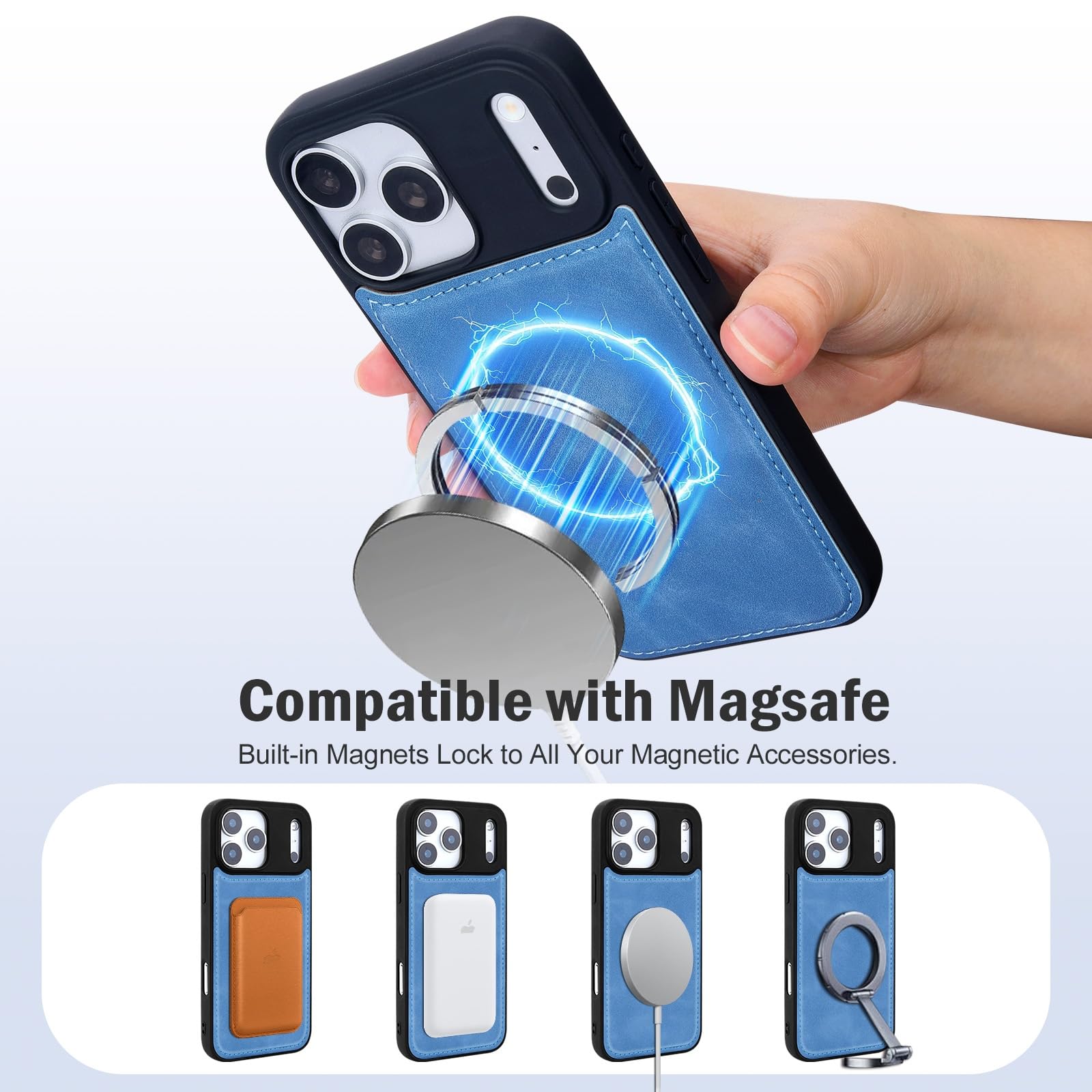 Custodia a portafoglio per iPhone 17 Pro Max compatibile con MagSafe, blu | magnetica staccabile, porta carte, tasca con cerniera, custodia in pelle PU con tracolla per iPhone 17 Pro Max