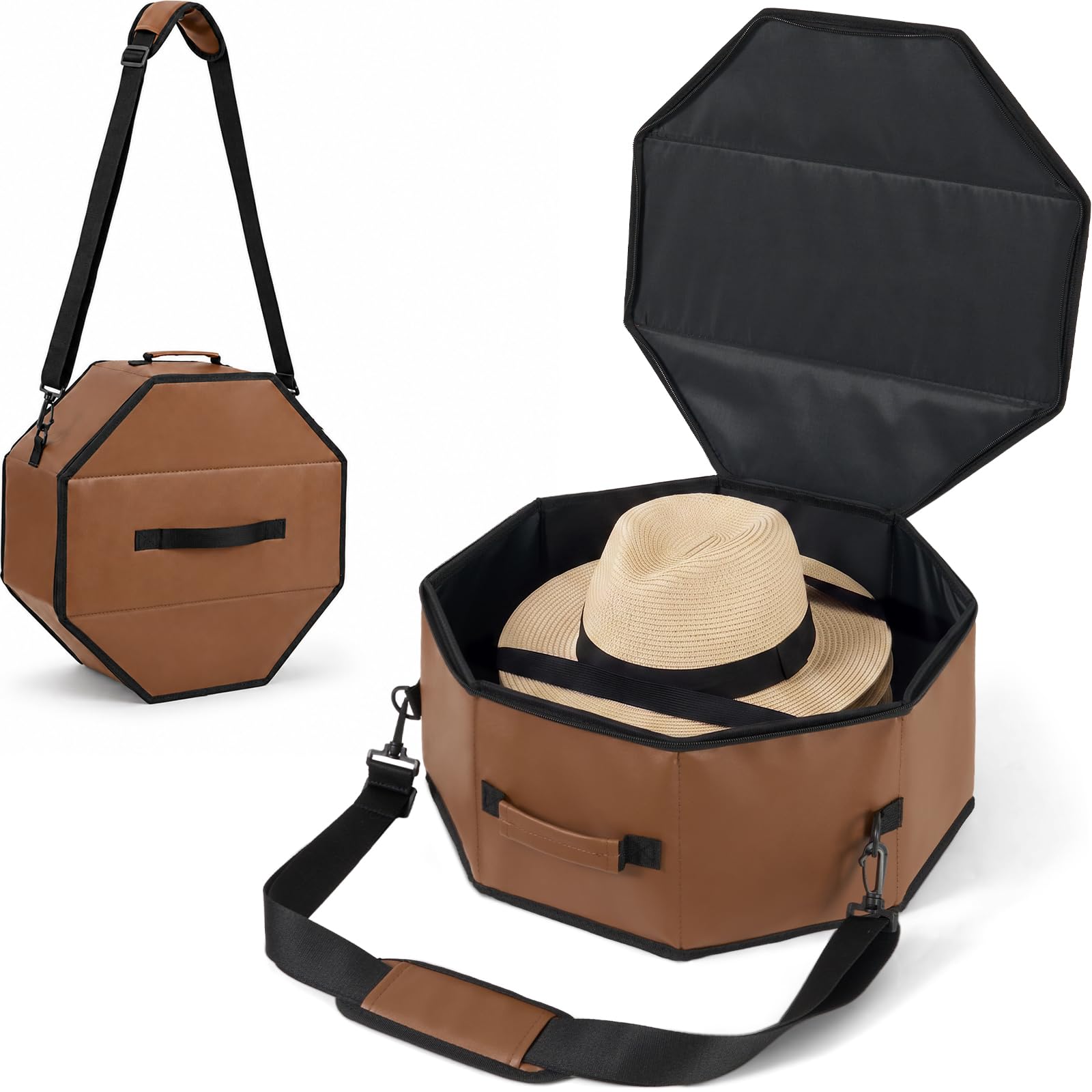 WERNNSAI Hut-Aufbewahrungsbox für Cowboy- und breite Krempe, achteckig, Kunstleder, Reiseetui mit elastischen Bändern, Tragegriff, abnehmbarer Schultergurt, staubdicht, für Reisen und Zuhause