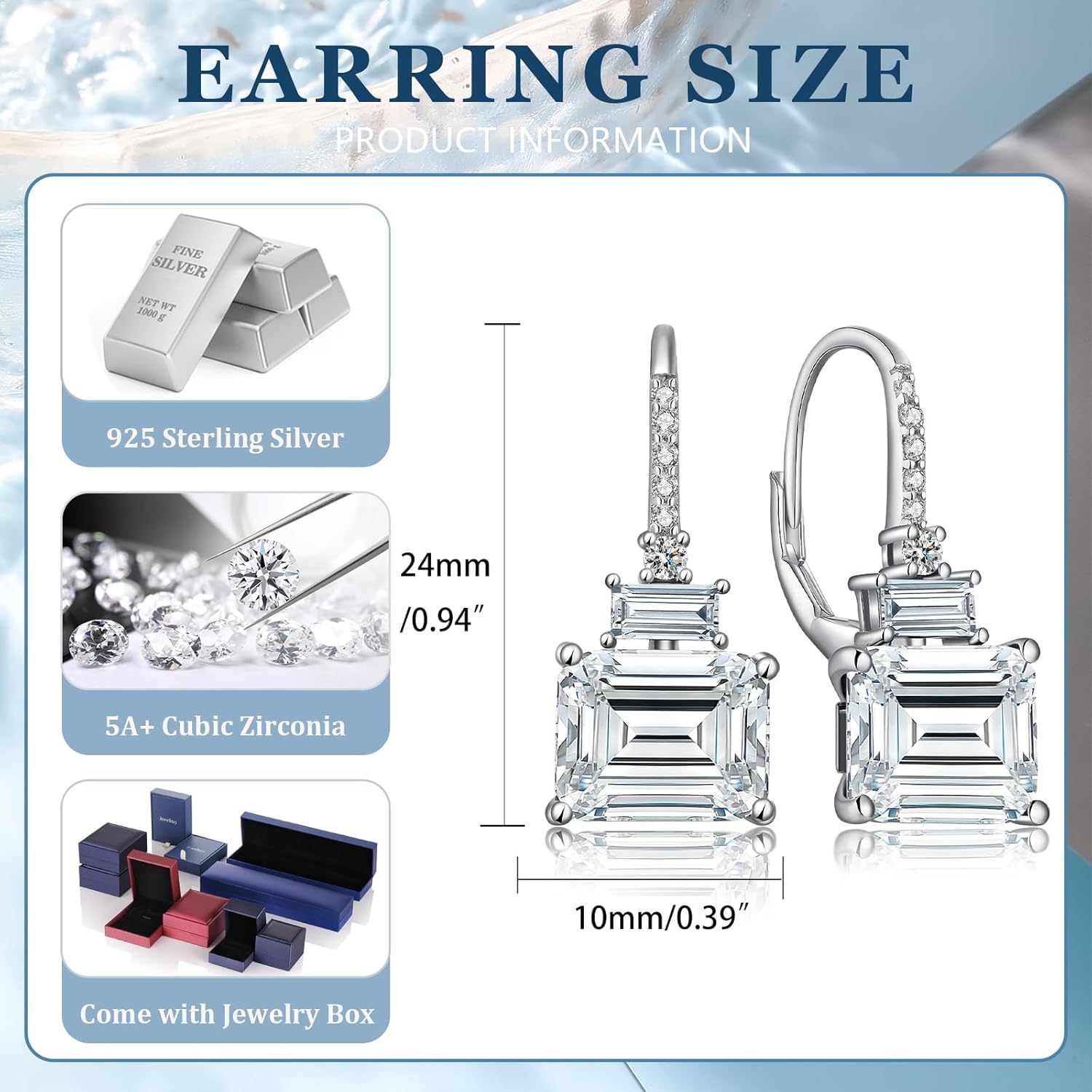 Princess Cut Dangle Drop Earrings 925 Sterling Silver Cubic Zirconia Leverback Square Solitaire Earrings Jewelry for Women