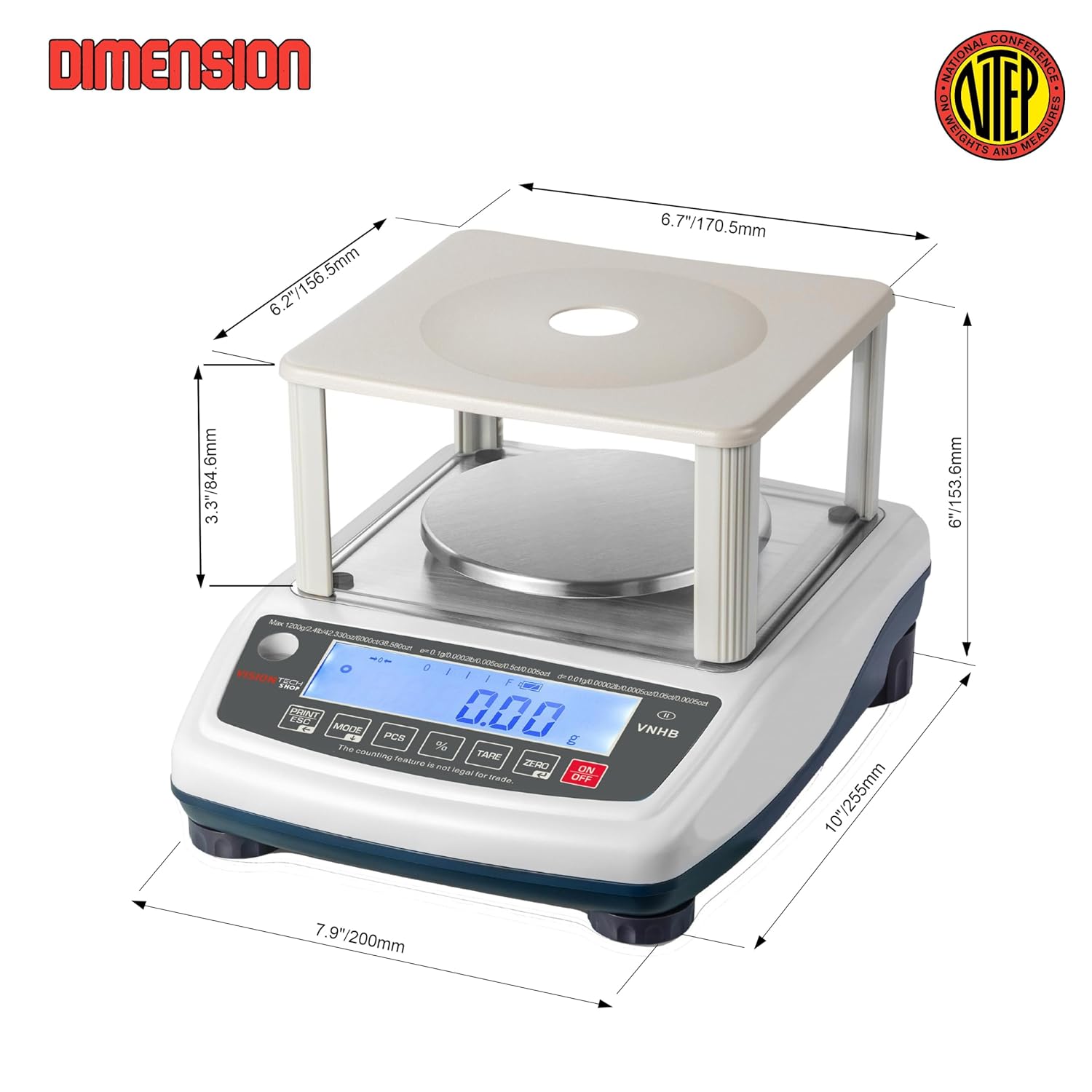 VisionTechShop VNHB-1200 Compact Balance Jewelry Scale, g/lb/oz/ct/ozt Switchable, 1200g Capacity, 0.1g Readability, NTEP Legal for Trade COC #24-056