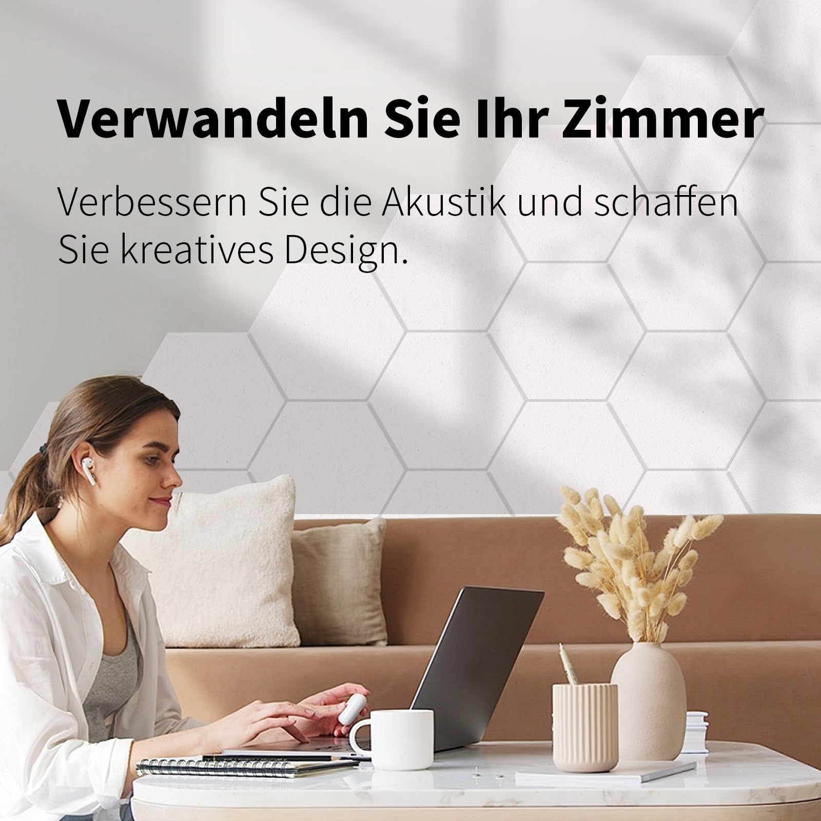 24 Stück Hexagon Akustikplatten selbstklebend, Abdeckung 1.4㎡, Schallschutz & Schalldämmung für Wände & Türen – 230kg/m³, NRC 0.95, 100% Polyester, Ideal für Schallschutz Wand, Porzellan weiß