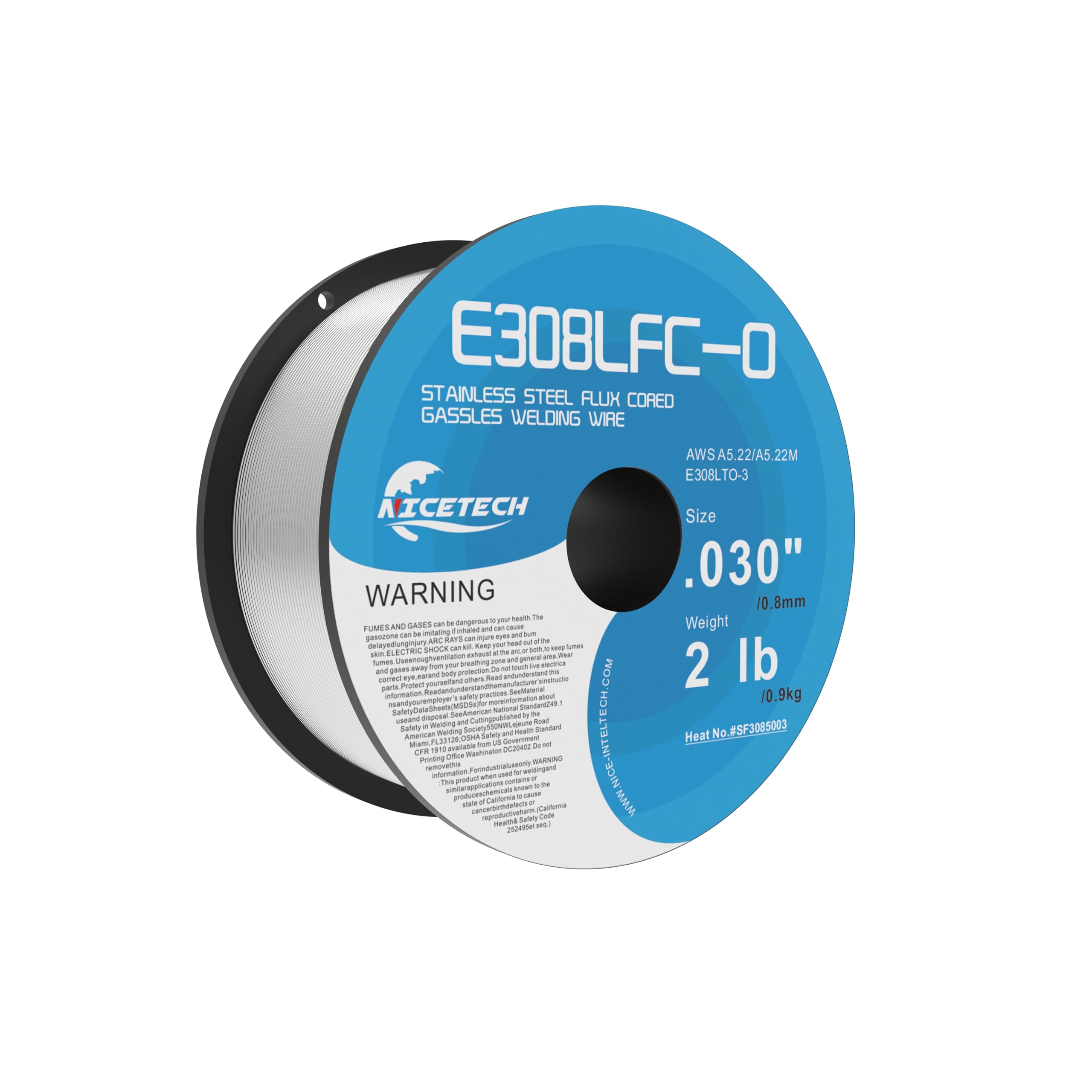 Alambre de soldadura con núcleo de fundente sin gas, acero inoxidable, E308LFC-O, 0.030 de diámetro, carrete de 2 libras, 1 paquete