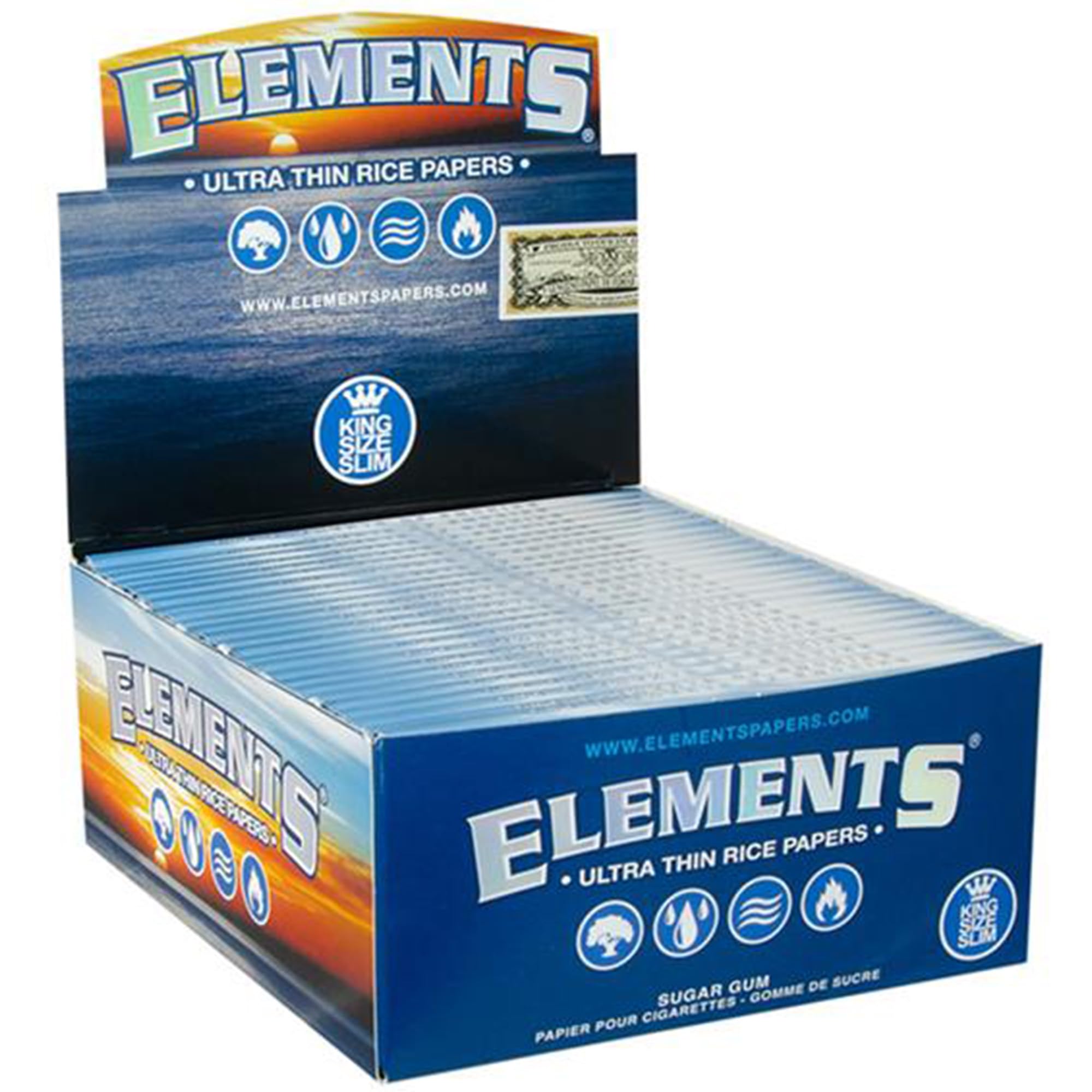 Elements Ultra Thin King Size Slim Rolling Papers aus Reispapier / 32 Longpapers pro Packung (50 Packungen)