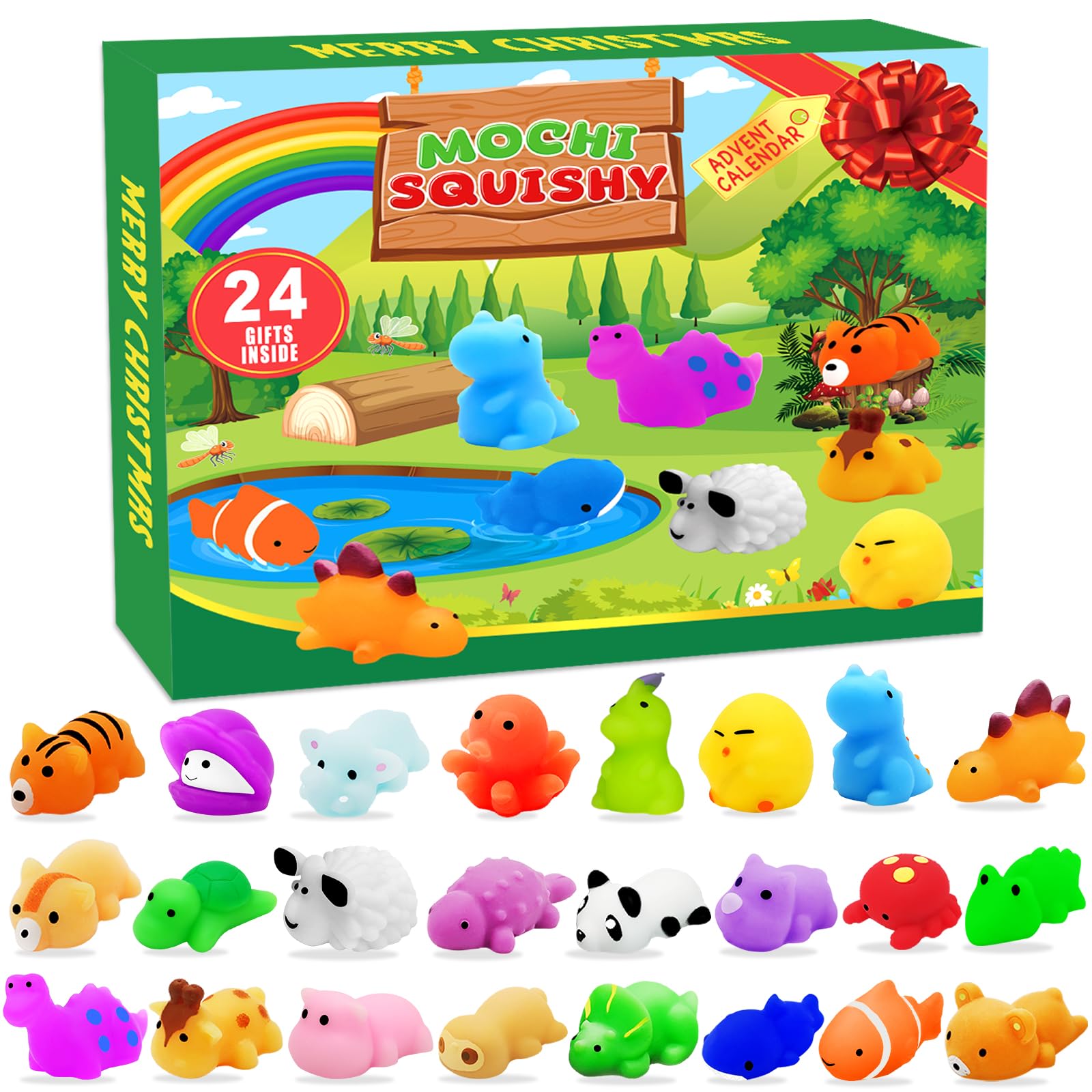 2024 Mochi Advent Calendar, 24 Days Christmas Countdown Calendar Mochi Squishy Stress Relief Toys for Kids Girls Boys Teens Toddlers Christmas Party Favors Gifts