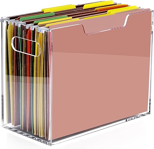 DINGHUO Caja organizadora de carpetas de archivos de acrílico, organizador de archivos colgantes de tamaño carta, soporte transparente con asas,