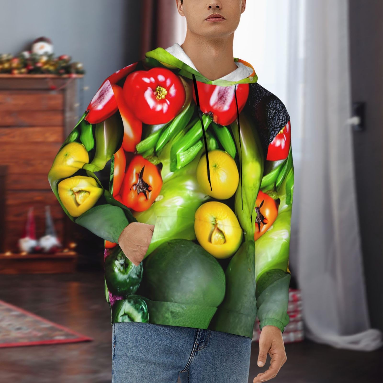 Męska bluza z kapturem z nadrukiem świeżych warzyw i owoców, casualowa grafika z nadrukiem bluzy z kapturem z kieszenią