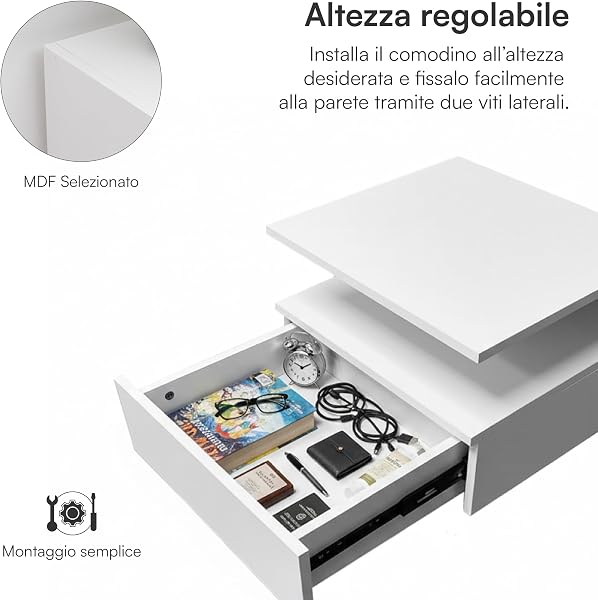 Baroni Home Set 2 Comodini Bianchi Sospesi da Parete con Cassetto e 2 Ripiani, Comodini Moderni Salvaspazio per Camera da Letto, MDF Resistente, Montaggio Facile, 32x35x23 cm - 4