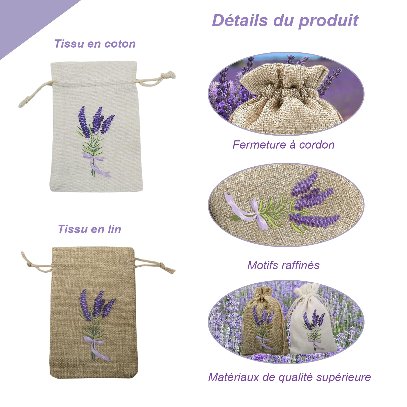 18 Pièces Sachet Vide pour Lavande, Sachets Parfumés Lavande avec Cordon de Serrage, pour Bijoux de Mariage, épices et Herbes