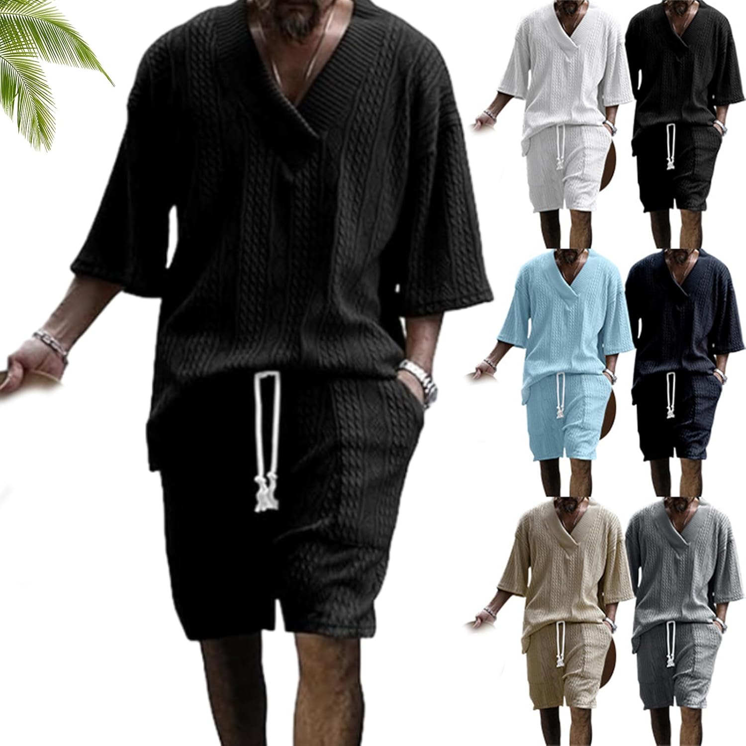 Athleisure Cable Jacquard Set Men, Mens Solid V-Neck 3/4 Sleeve Tee and Shorts, Casual Cable Knit T-Shirt Set Men