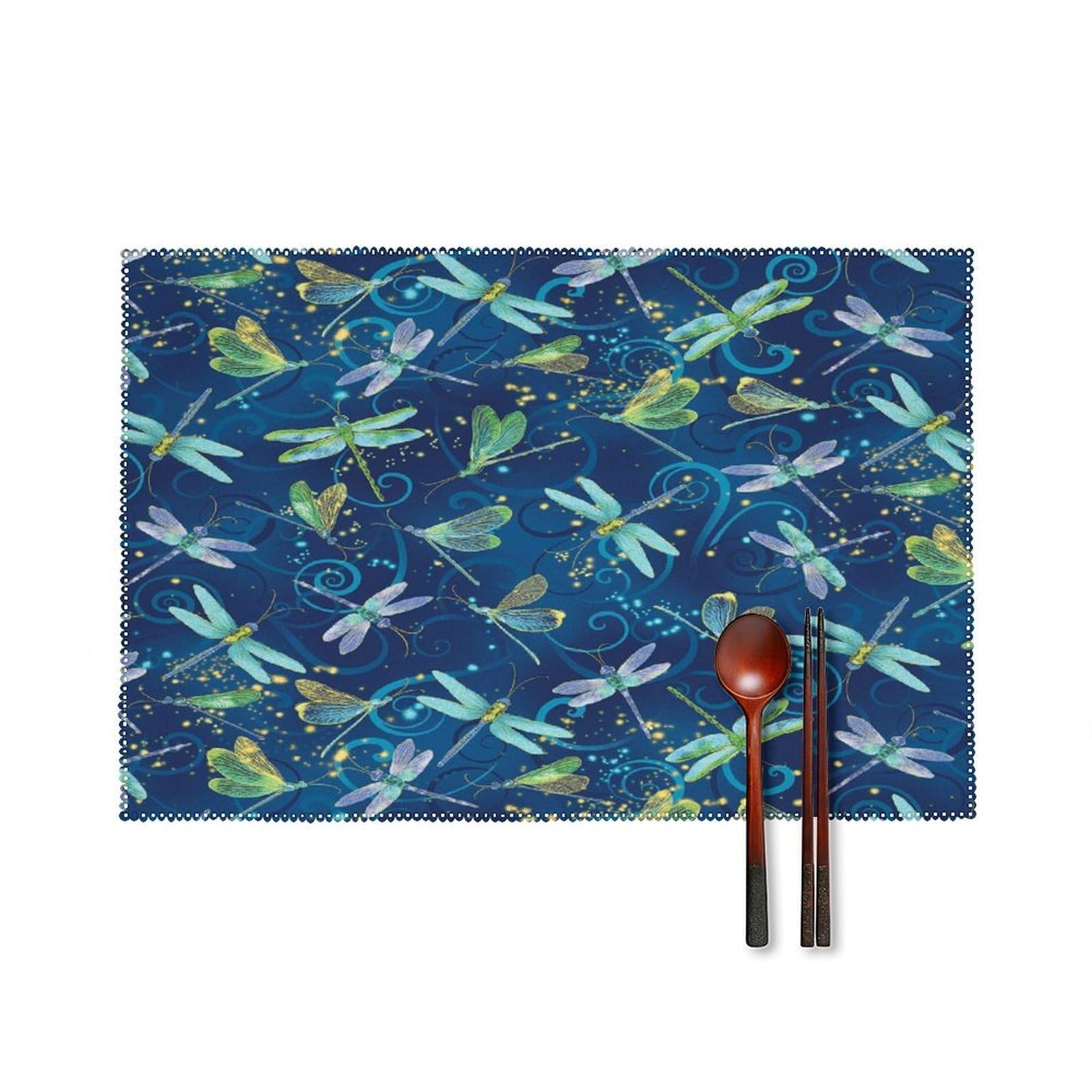 Blue Dragonfly Placemats Washable Canvas Place Mats Decoration Placemat for Dining Table Easy to Clean Tables Mat Set of 6 for Kitchen Dining Room Coffee Table