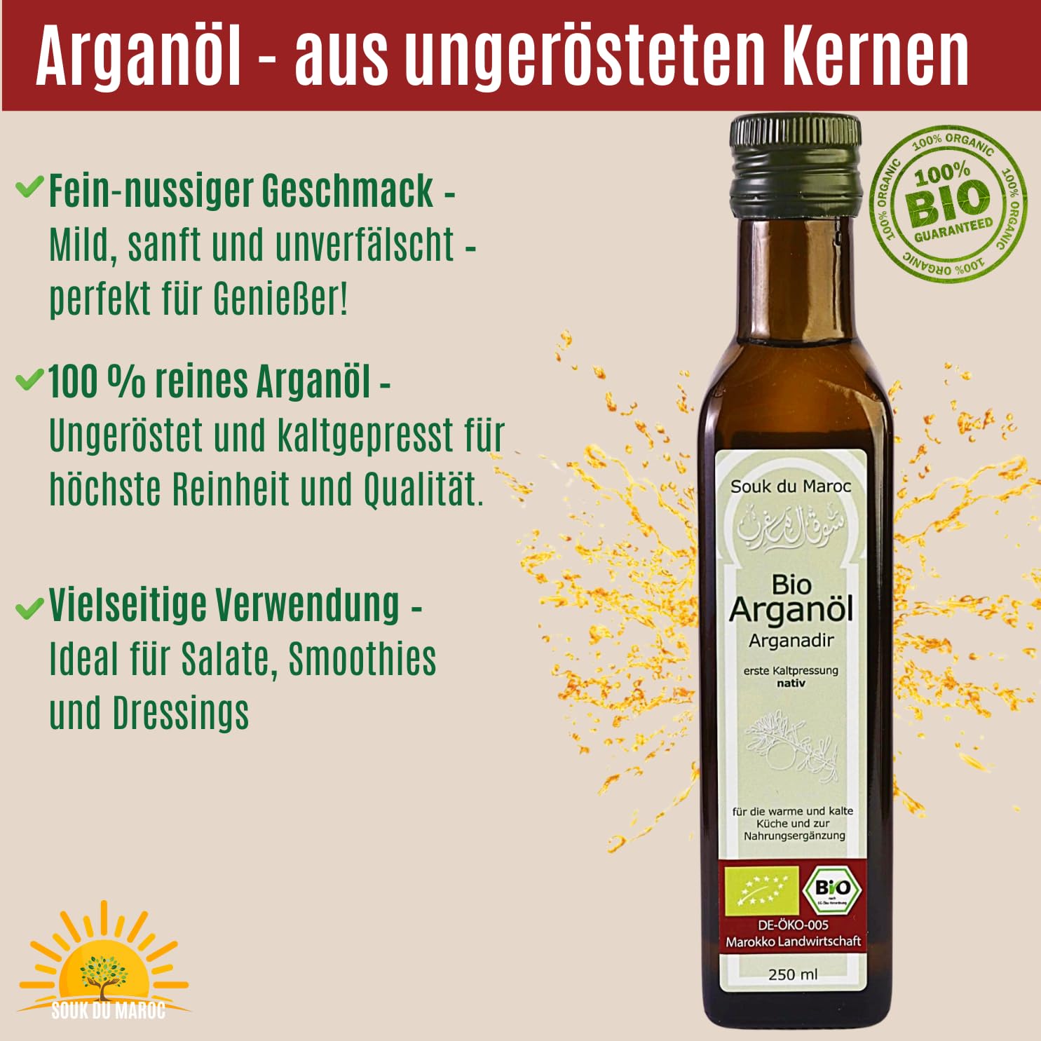 Aceite de argán orgánico Aceite comestible Arganadir prensado en frío nativo de Marruecos, 250 ml ✔ 100% vegano puro ✔ para cocina, ensaladas y suplementos nutricionales