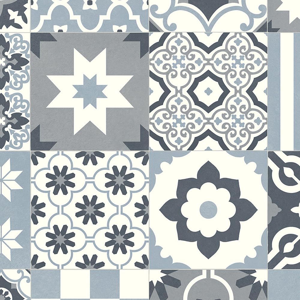 Stone & Tile Effect Vinyl Flooring 2.8mm Thick Foam Backed Lino Roll Bathroom Kitchen (Steel Grey Patchwork Patterned Tiles - 2m Wide x 5.5m Long)