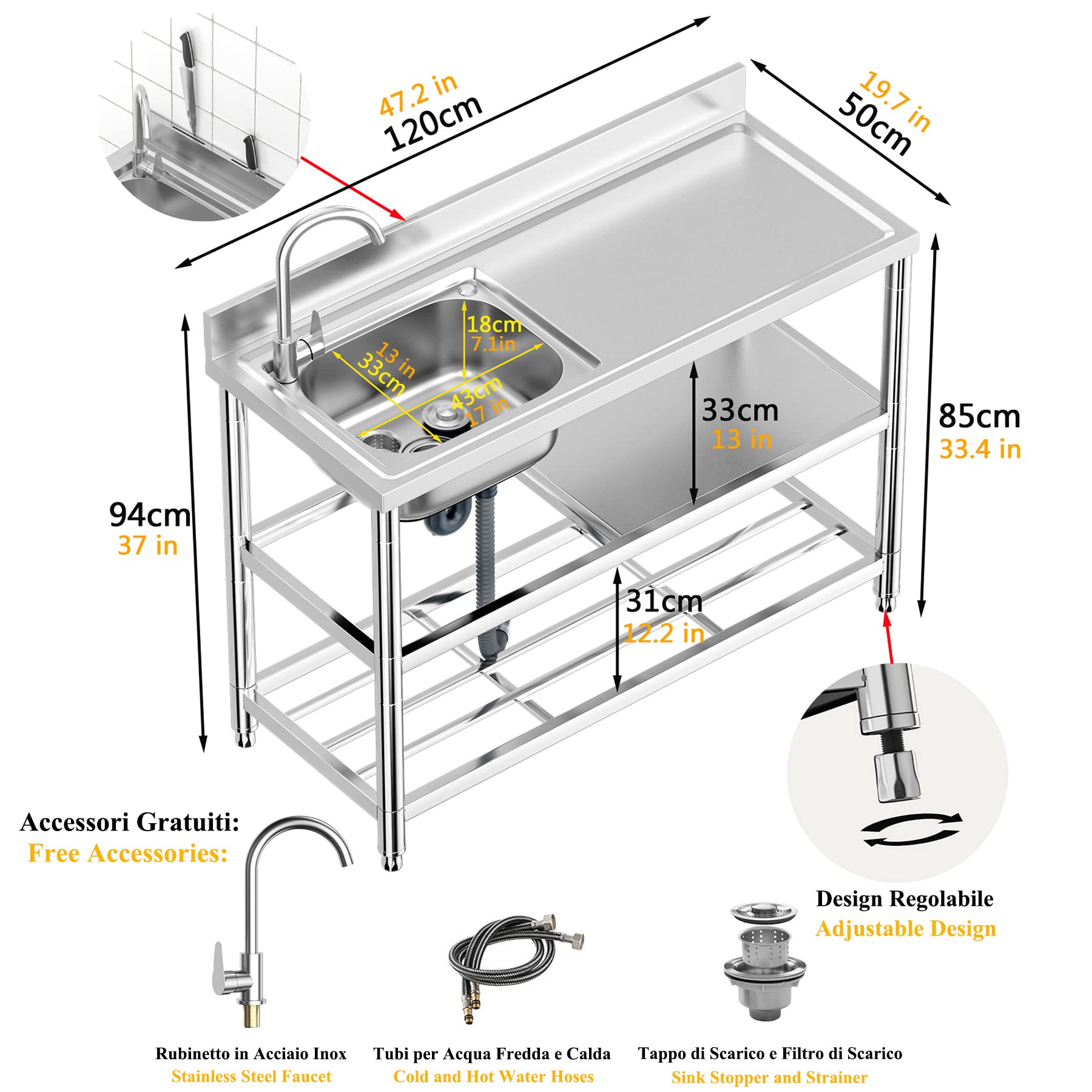 Lavello in Acciaio Inox Professionale 1 Vasca (Sinistra), 120 × 50 × 94 cm Lavandino Commerciale con Rubinetto, Lavello da Cucina Autoportante per Cucina, Ristorante, Caffè, Garage, Interno, Esterno