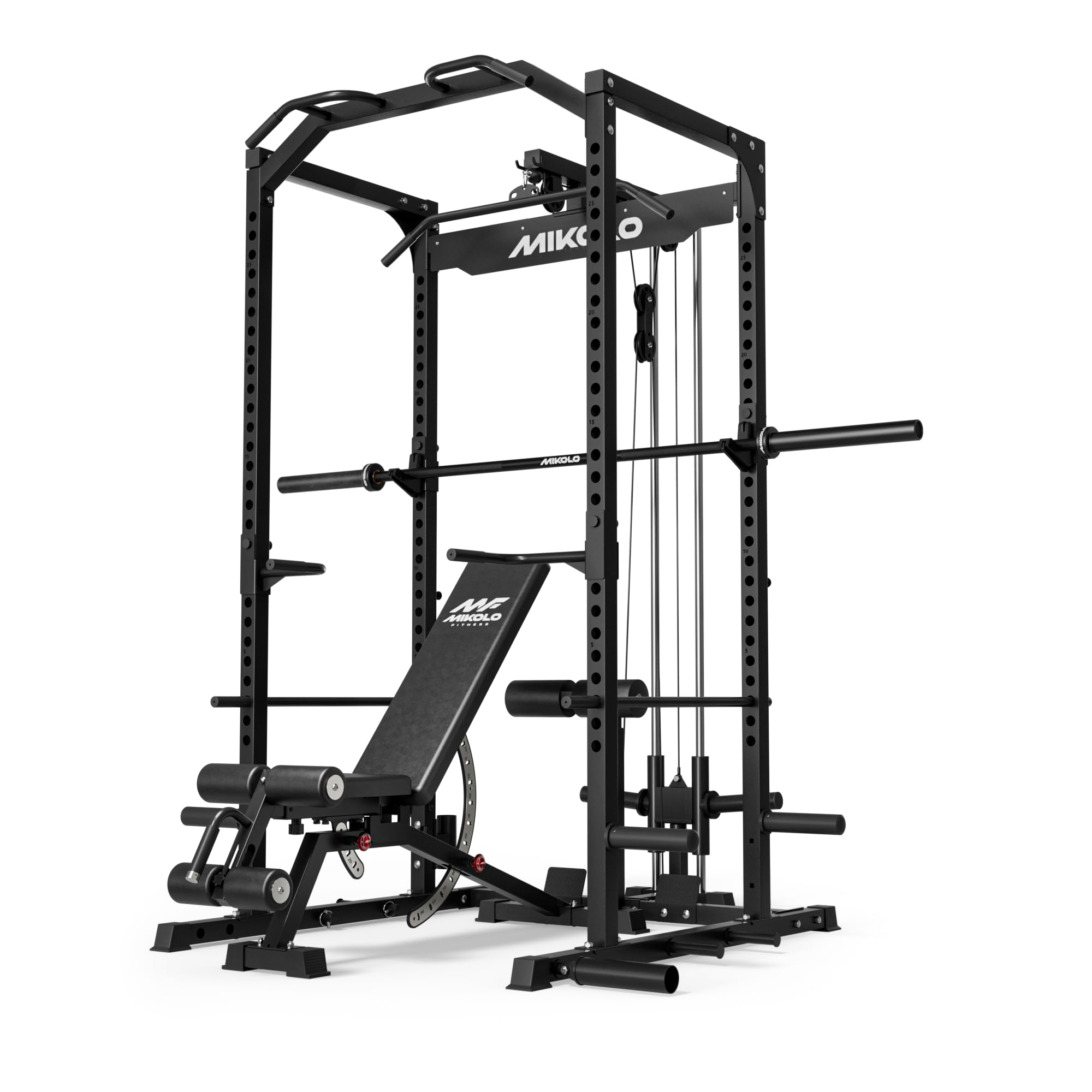 Mikolo F4 2.0 Power Cage with Dual-Track Smooth Pulley System, 1200LBS Power Rack with Leg Hold-Down for Heavy LAT Pulldowns (Black, F4 2.0 Package)