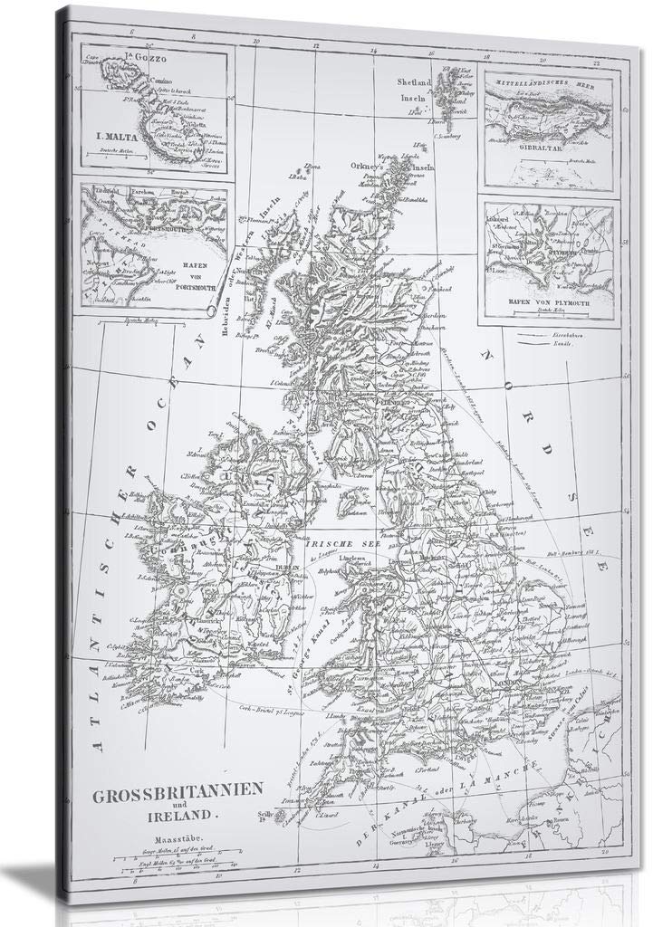 Panther Print White Vintage Map Of United Kingdom Canvas Wall Art Picture Print (18X12)