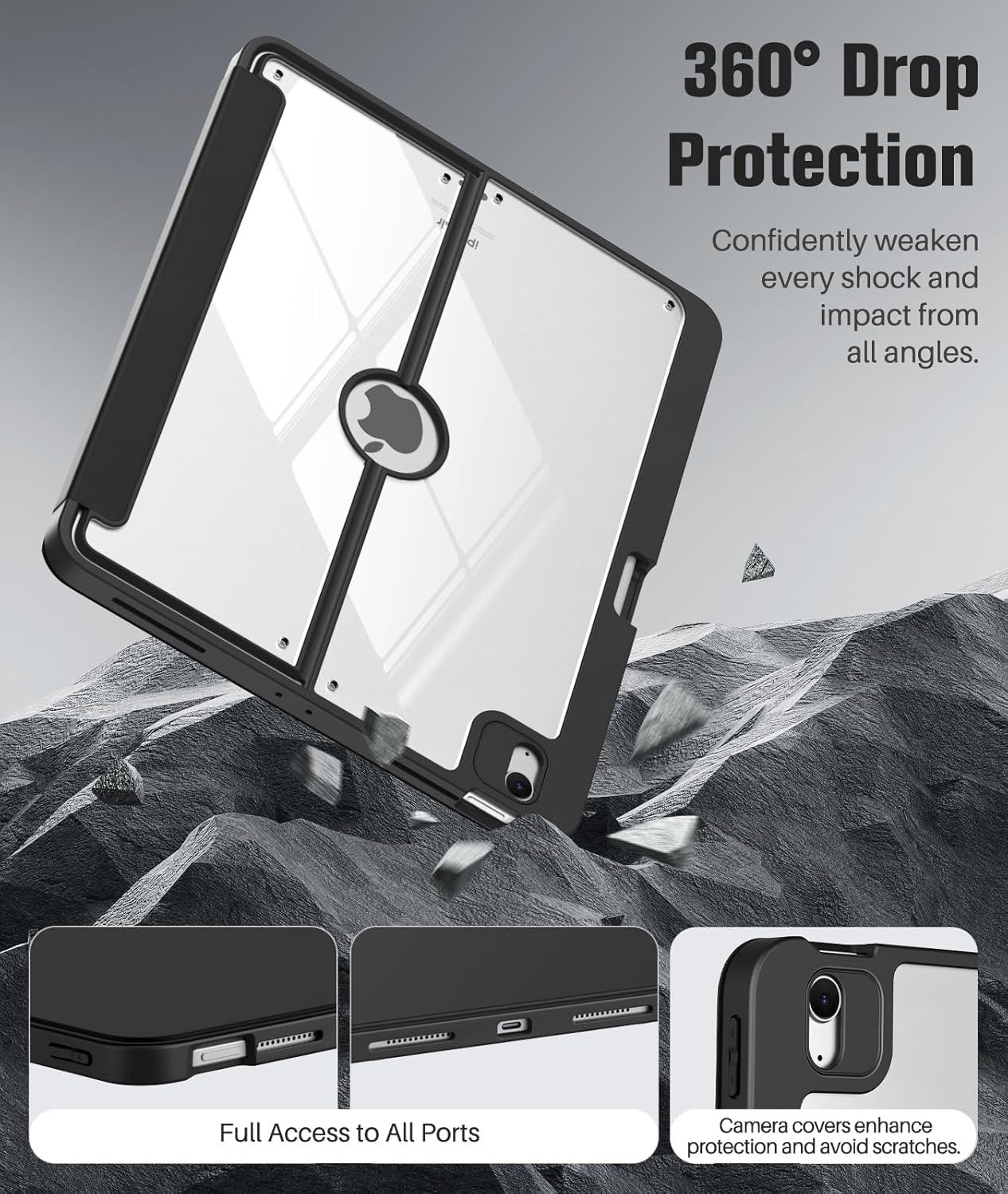 MoKo for iPad Air 13-Inch Case (M4/M3/M2) 2026/2025/2024 with Pencil Holder, Heavy Duty 13 Inch iPad Air Case with Screen Protector, Clear Back, Lens Protector, Multi-Angle Magnetic Stand, Black