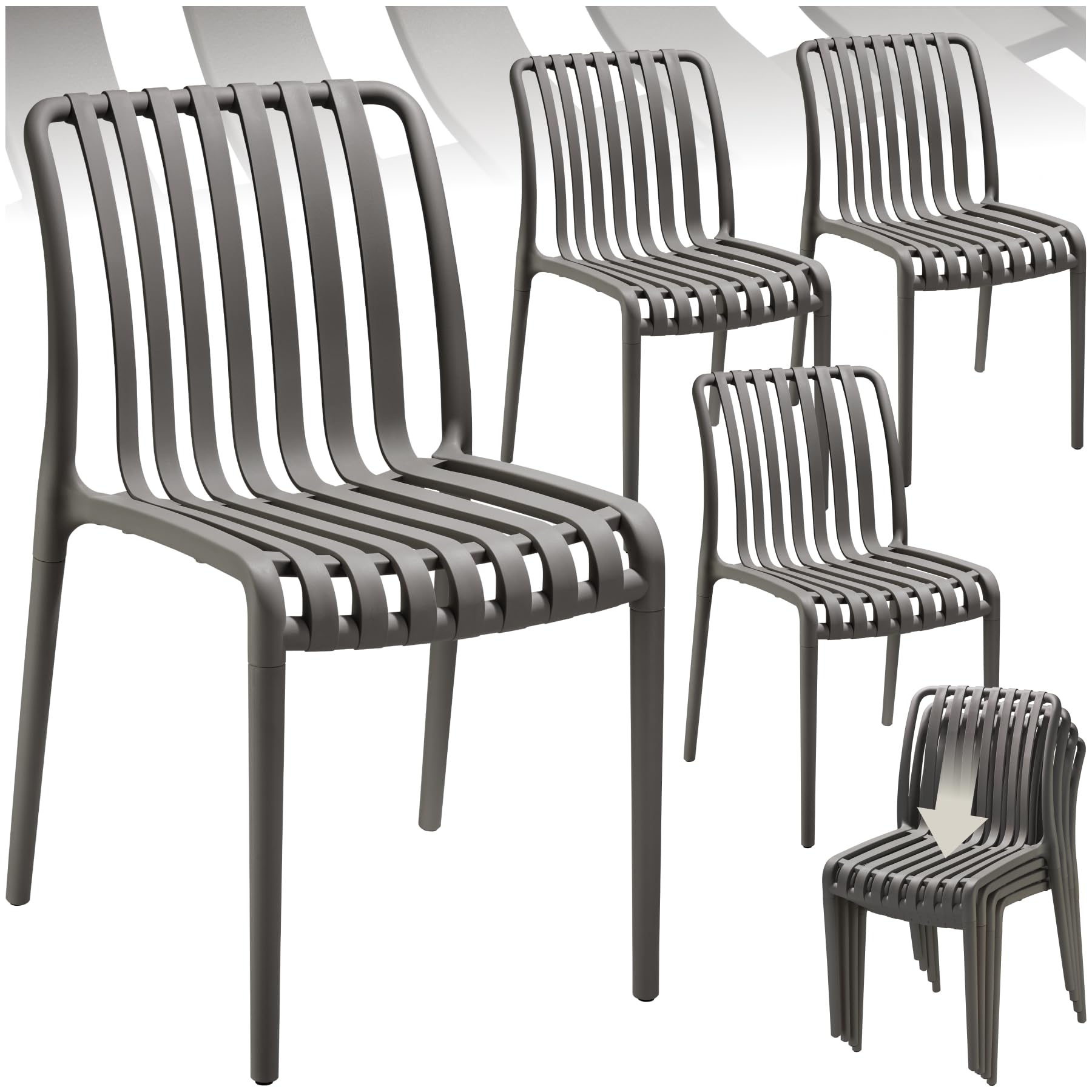 tectake® Set of 4 Garden Chairs in Light, Airy Design, Outdoor Chairs in Weather-Resistant Plastic with Slatted, Curved Seat, Stackable Garden Chair Set for Backyard, Patio, Balcony - Anthracite