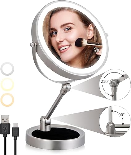 Miniatura 1 de FOCHIER F Espejo de maquillaje iluminado de altura ajustable 1X10X con aumento LED, espejo cosmético de tocador de 8 pulgadas, recargable, doble