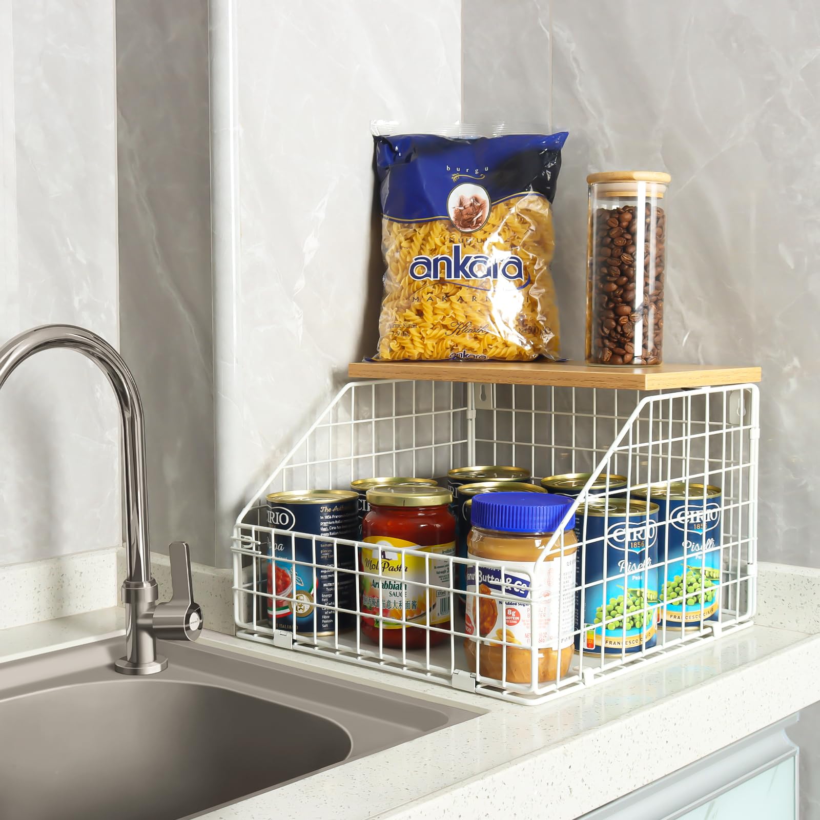 Mefirt White Fruit Bowl, 2-Tier Fruit Basket for Kitchen Counter, Stackable Wall Mounted Fruit Storage, Snack Organizer, Potato and Onion Storage Basket, Hanging Pantry Organizer with Wood Lid, 2 Set