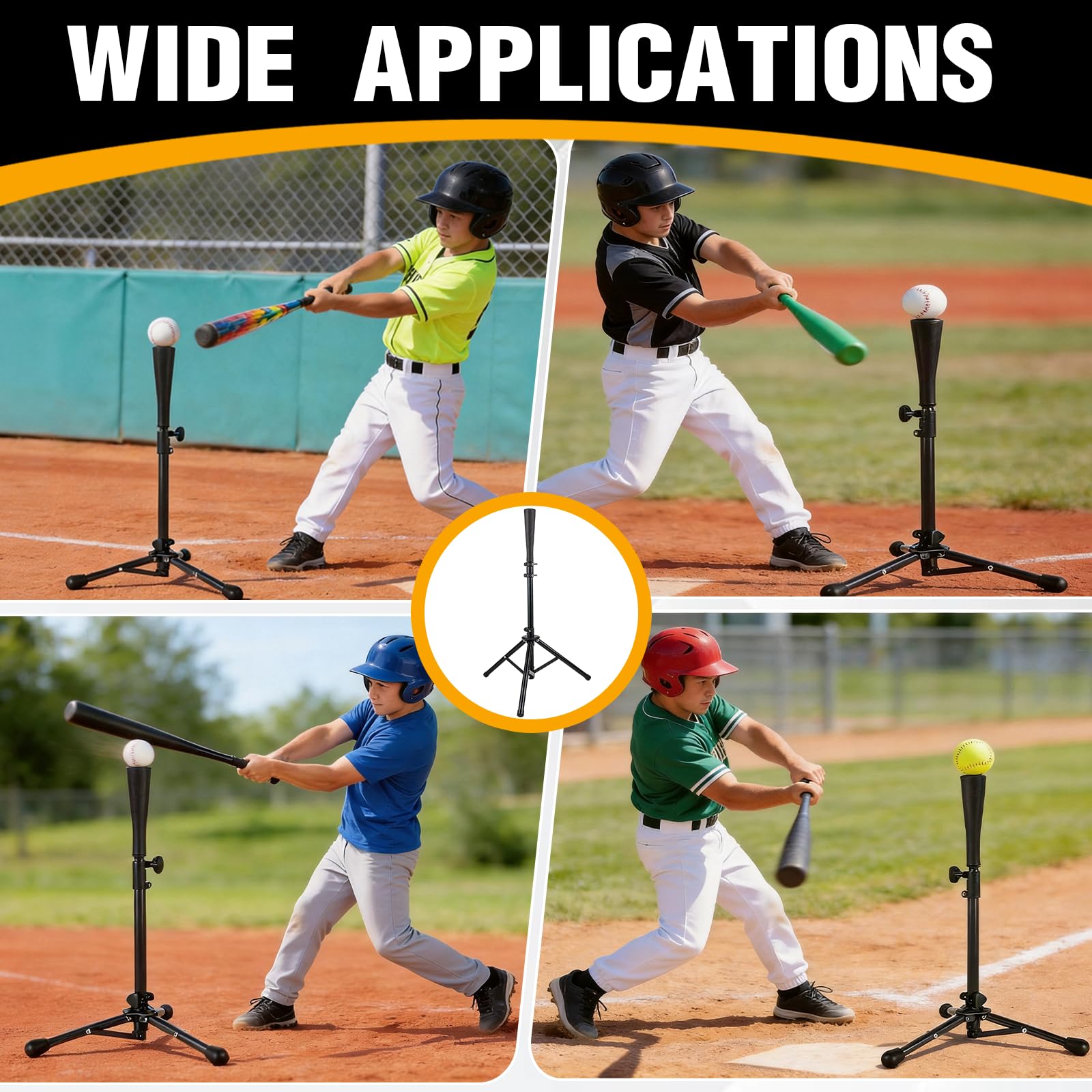 BRGD Noir Tee de Baseball avec Trépied, T-Shirt de Baseball et Softball Portable avec Sac Transport pour Terrains, Stades, Aires de Jeux, Cours Intérieures, Parcs, H : 72 à 121cm