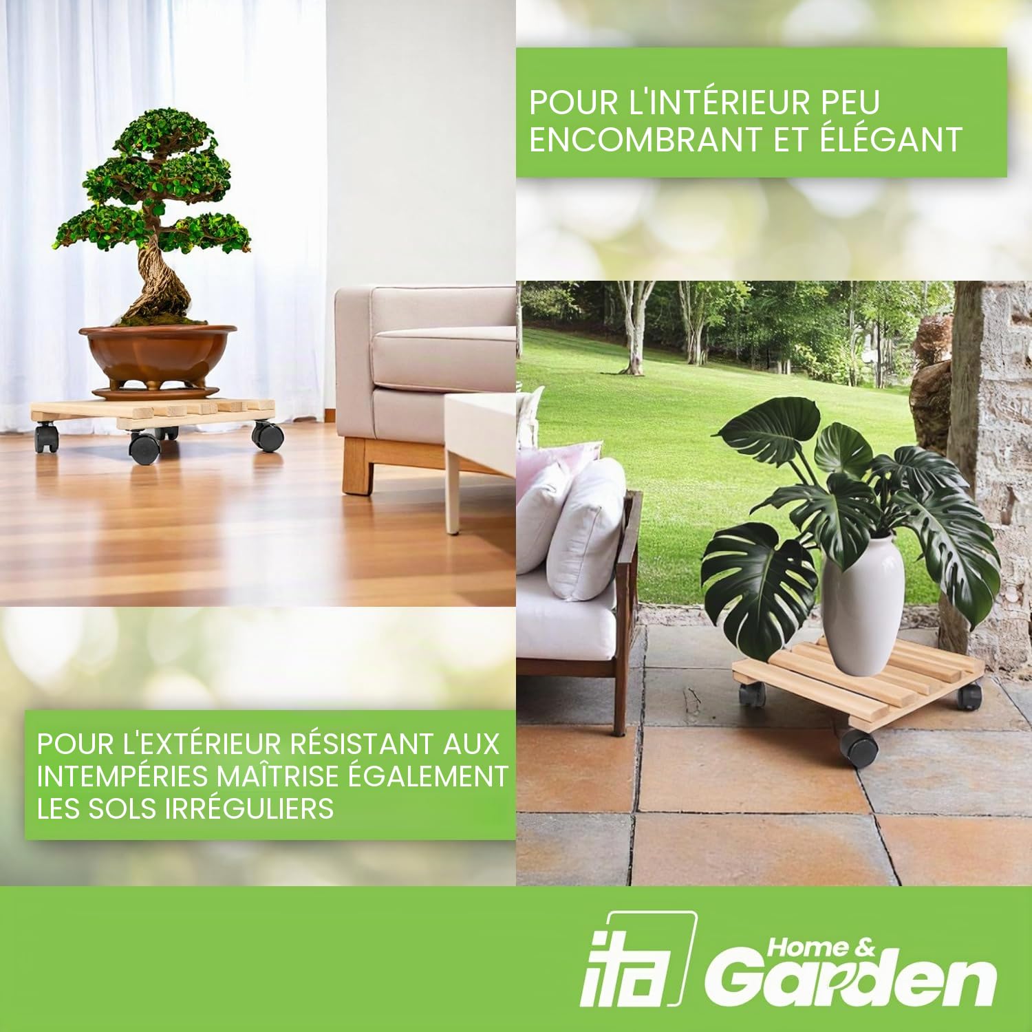 ITA 10x Supports pour Plantes avec Roues en Bois de Hêtre - Charge Max. 120 kg - 5X Ronds Ø 30 cm & 5X Carrés 30x30 cm - pour Pots & Meubles - Intérieur & Extérieur - Fabriqué dans l'UE