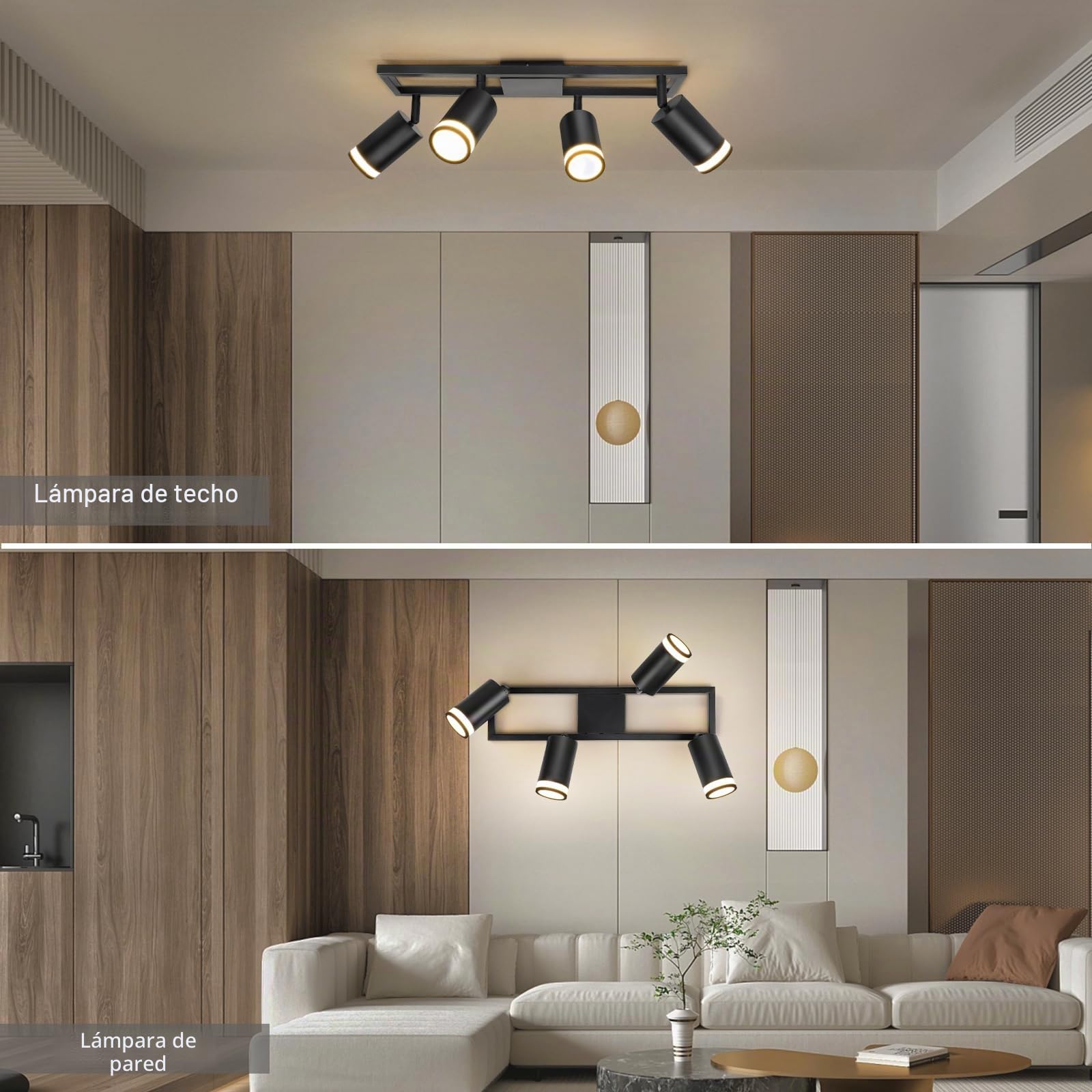 GU10 Lámpara de Techo 4 Focos, LED Foco de Techo Giratorio Negro | Lámpara de Pared Orientable 350° y Foco de Pared para Dormitorio Pasillo Cocina, Max. 40W, sin Bombilla