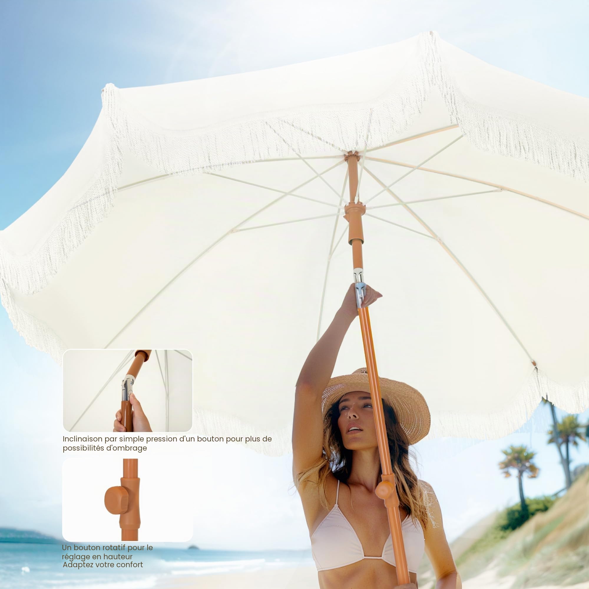 PHI VILLA Parasol de plage de 2 m avec vis à sable UV 50+ - Parasol à franges pour plage, jardin, terrasse - Pour piscine et terrasse