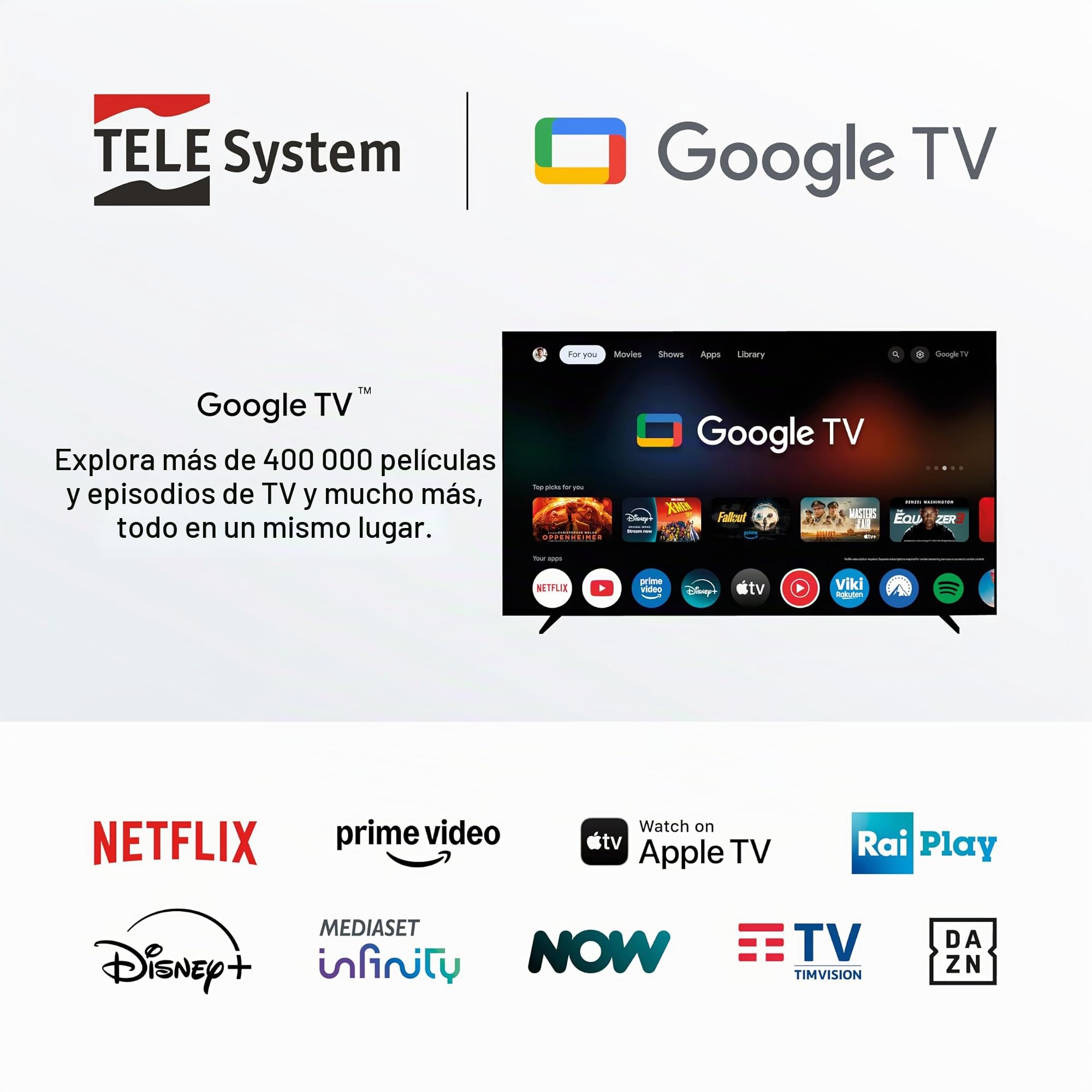 TELE System UP Stick Google TV 4K UHD HDMI,Wi-Fi de doble banda,Dolby Vision/Atmos,Asistente de Google,32 GB,HDR10+,mando a distancia con control por voz 2 en 1, streaming de los canales más populares