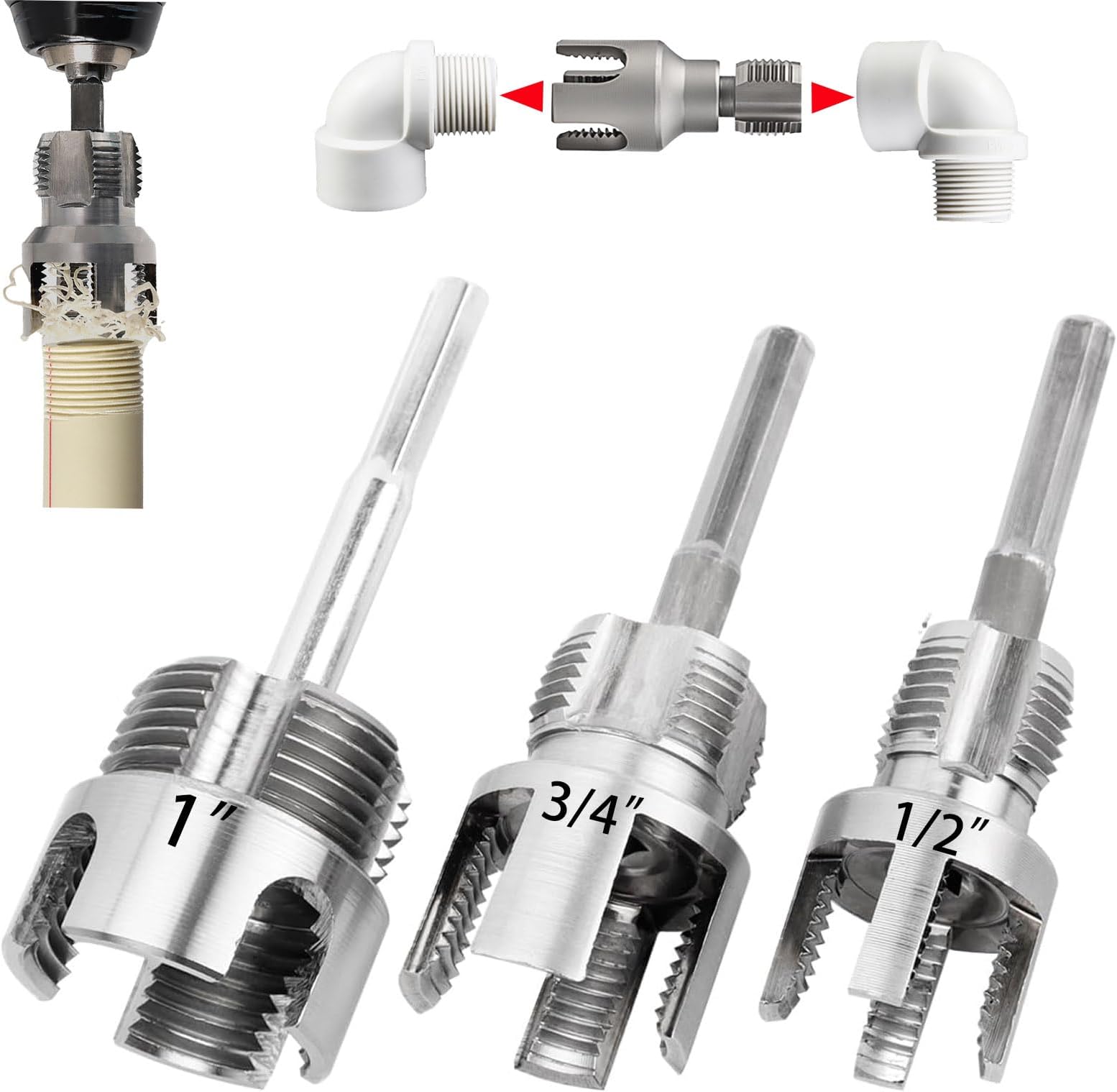 PVC Pipe Threader Kit, 3 Piece Set, 1/2" 3/4" 1" NPT Sizes, Dual-Function Internal and External Threading Tool, Compatible with Electric Drill for PVC, PPR, MPP Pipes