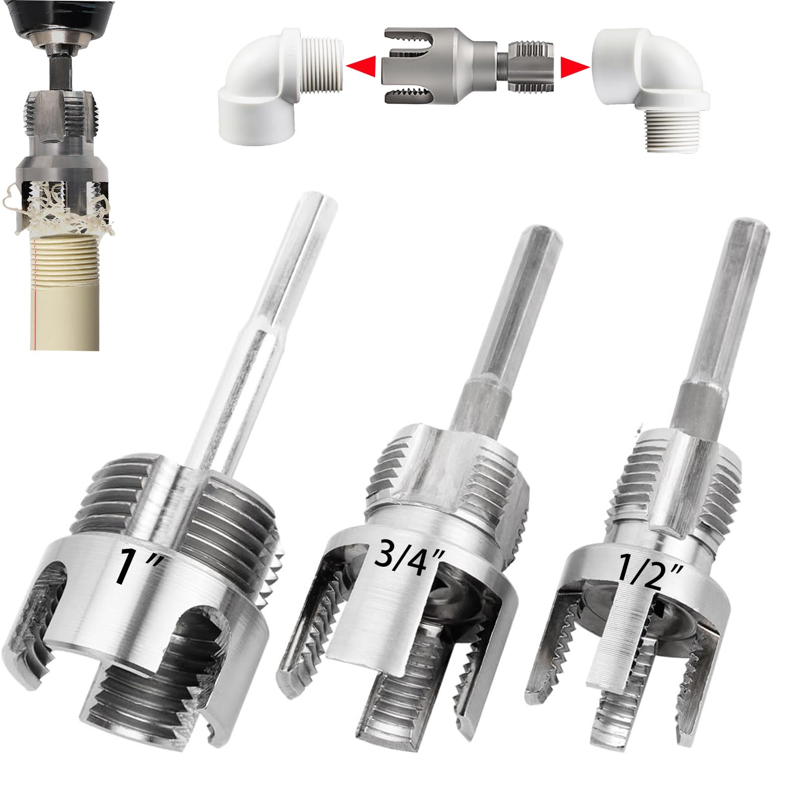 PVC Pipe Threader Kit, 3 Piece Set, 1/2", 3/4", 1" NPT, Internal and External Threading, Compatible with Electric Drill for PVC, PPR, MPP Pipes (1/2in+3/in+ 1in)