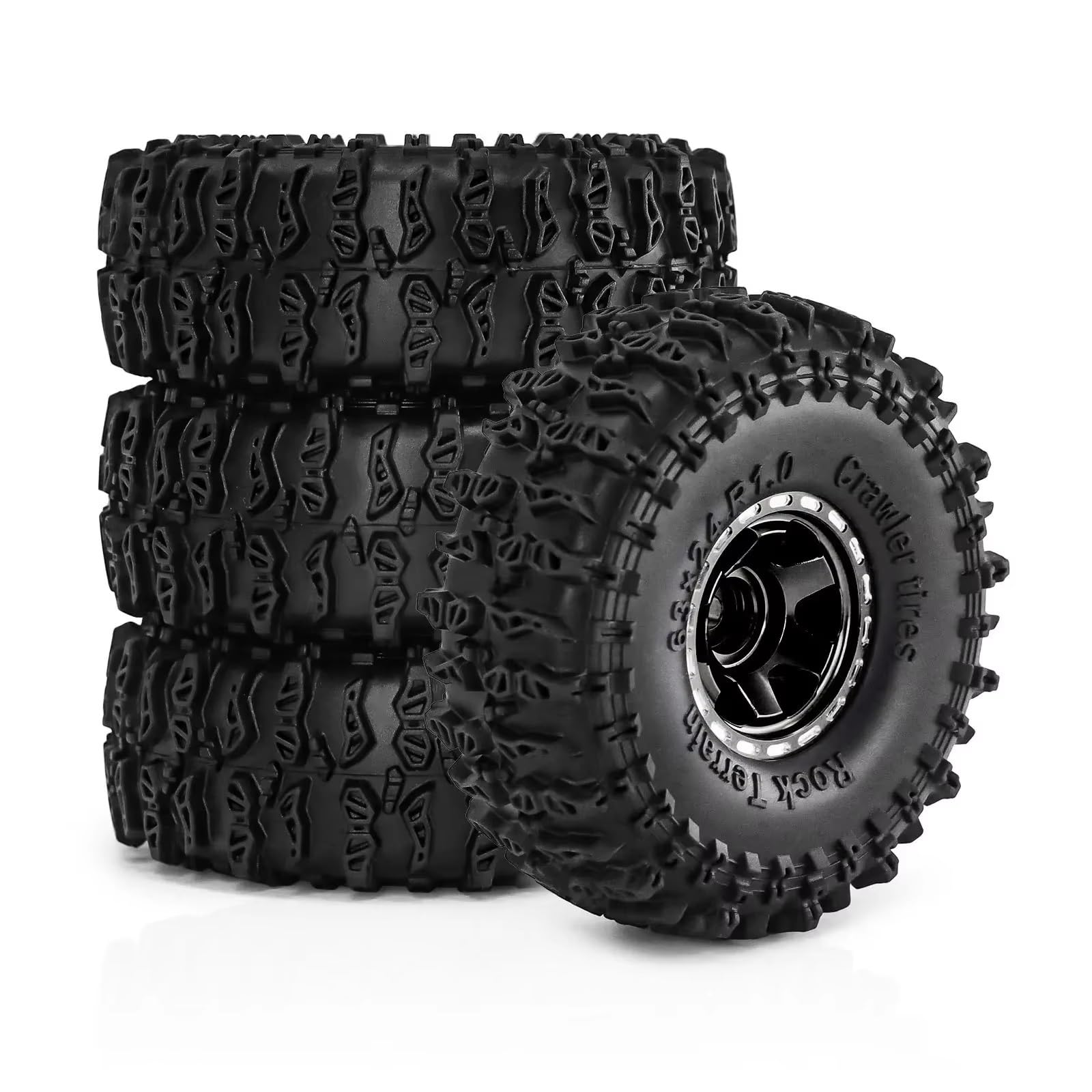 Neumáticos Coche RC para TRX4M para SCX24 AX24 para FCX24 1/18 1/24 Juego 4 Ruedas Metal Beadlock De 63 Mm Y 1 Pulgada para RC Crawler Accesorios De Mejora para Coche RC(Black)