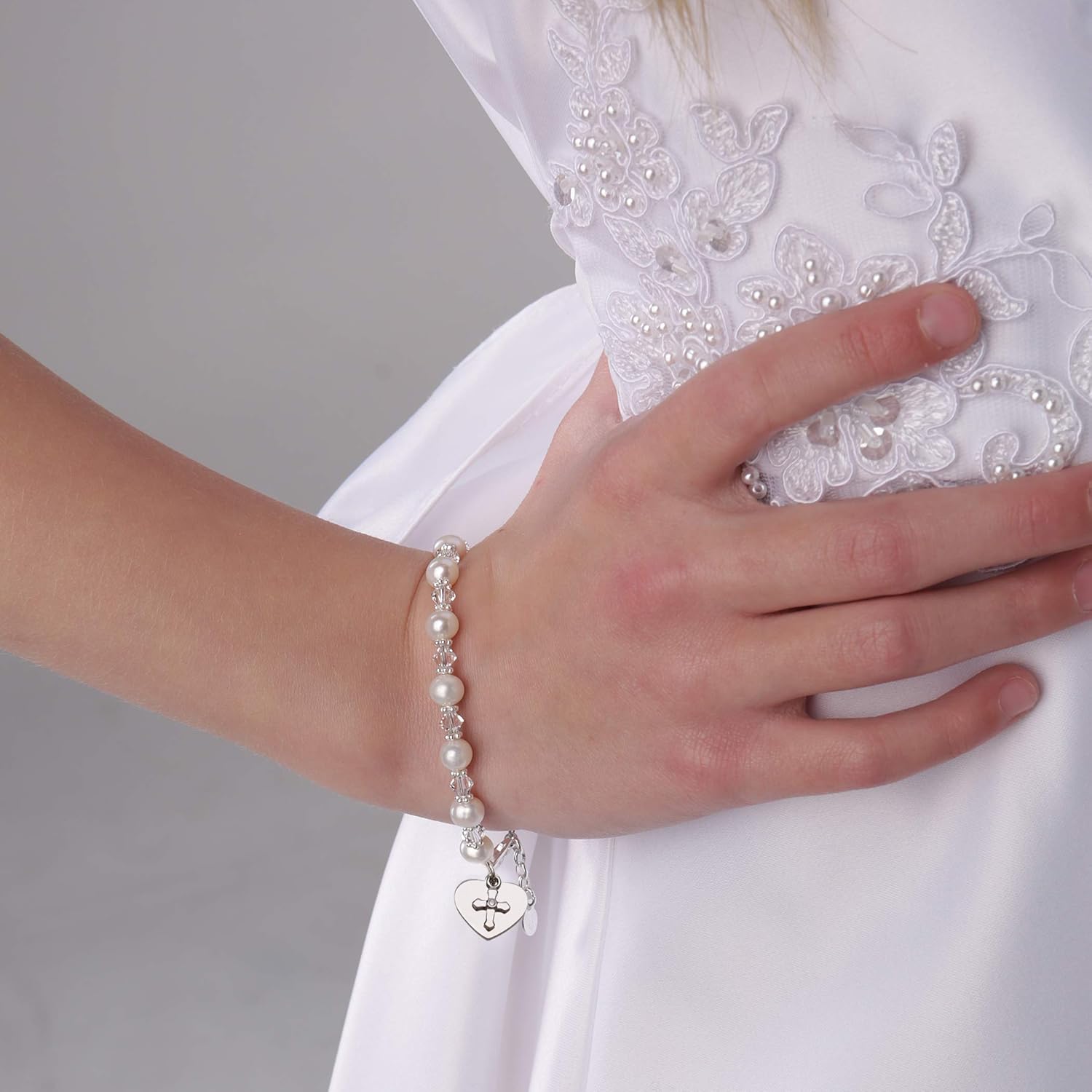 Cherished Moments Children's Personalized Engraved .925 Sterling Silver Cross Bracelet with Cultured Pearls and Heart, Infant Baptism, Christening, Newborn Baby, Little Girls, Toddlers, Custom Name