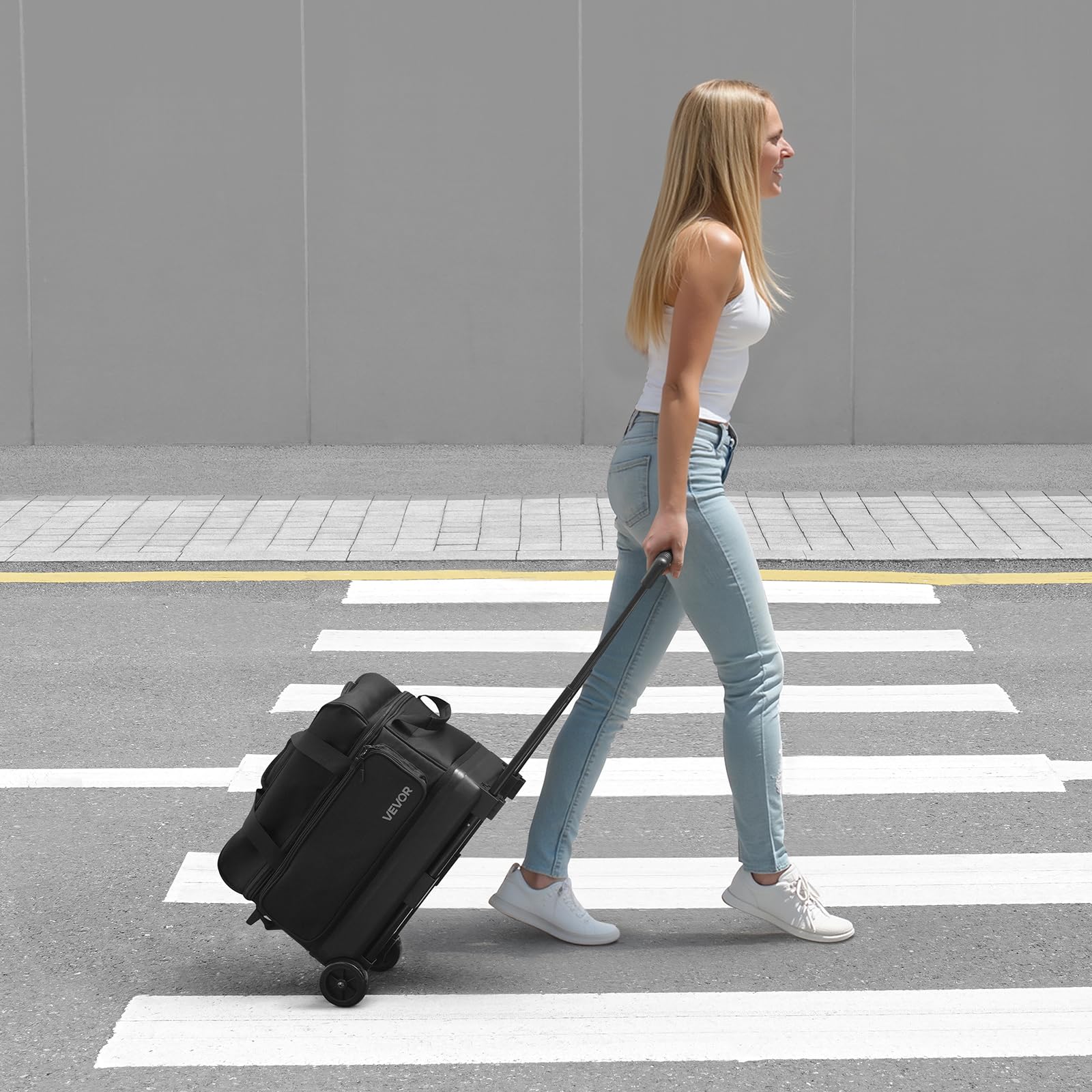 VEVOR Sac de Bowling à roulettes, Valise de Transport pour 2 Boules, avec Compartiment pour Chaussures, Poche pour Accessoires Surdimensionnée et Poignée Rétractable Extensible, Transport, Noir